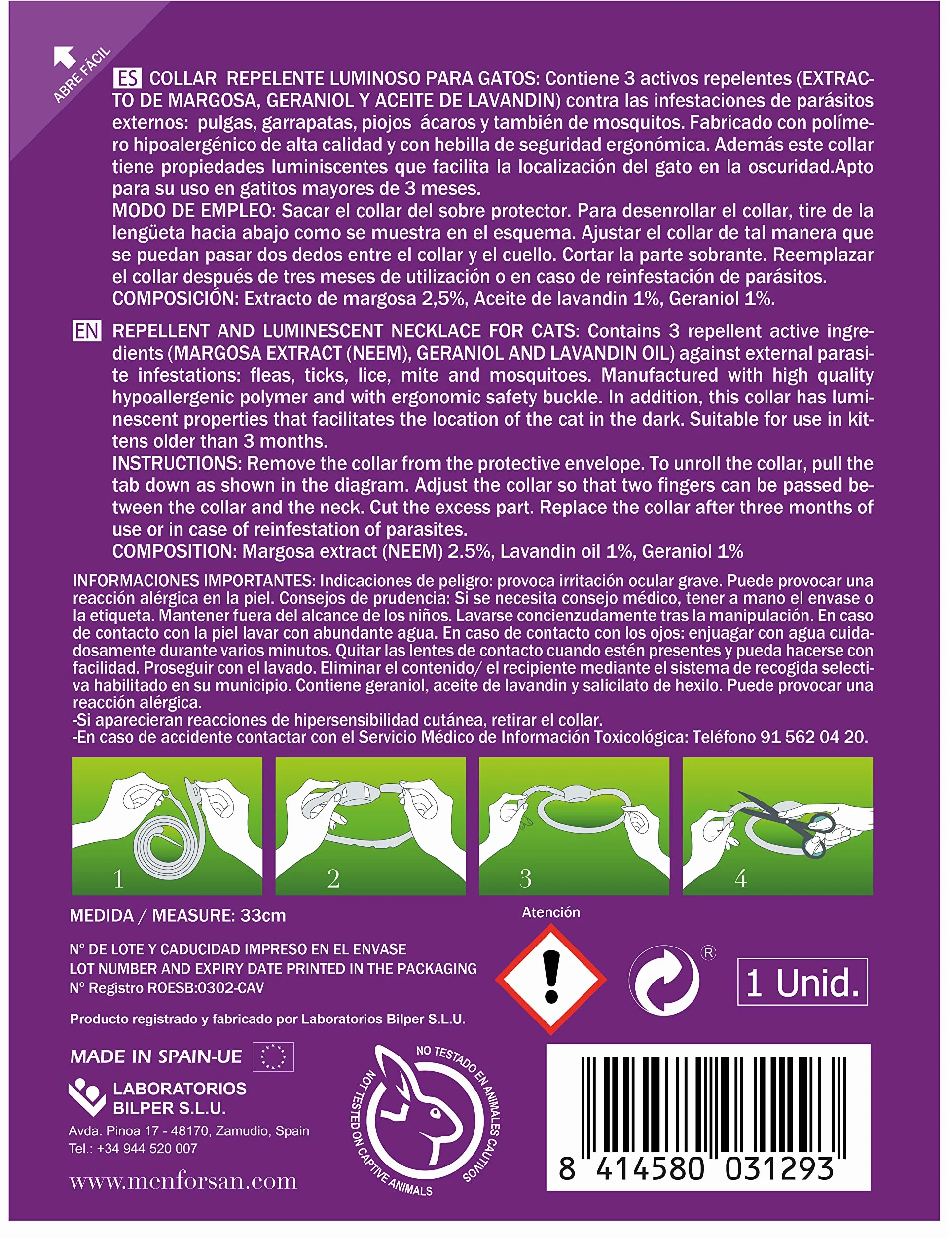 MENFORSAN Collar luminiscente Anti-Insectos para Gatos, con Tres repelentes Naturales Margosa, Geraniol y Lavandino, Cítrico, Verde, 30 cm