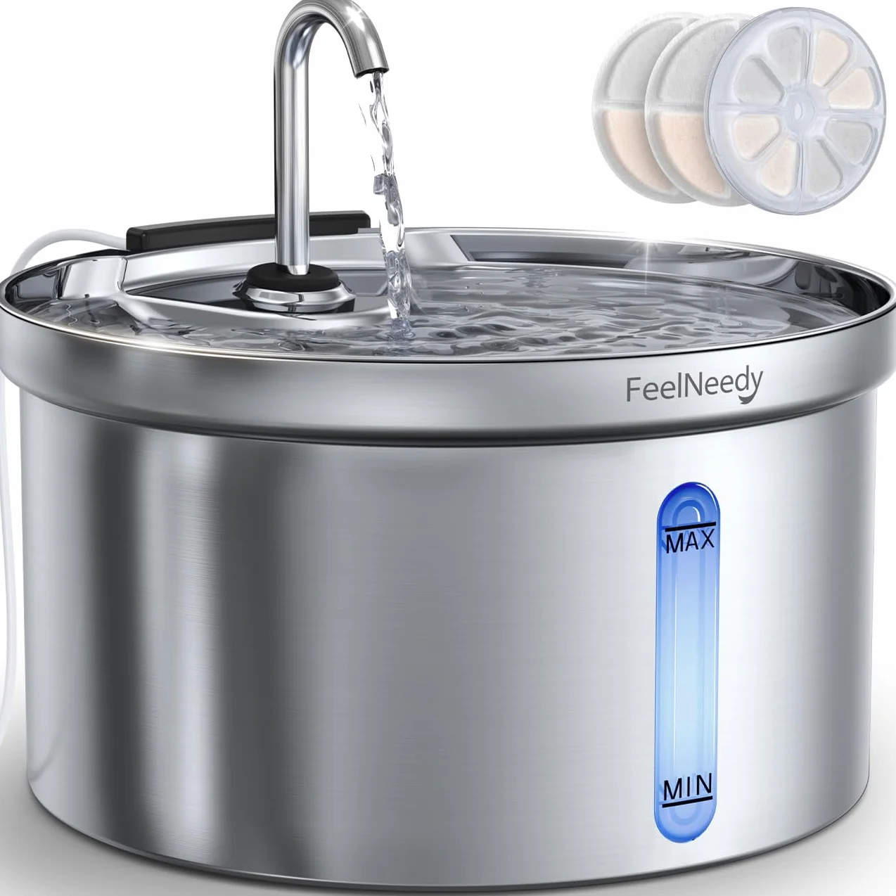 Fuente de Agua para Gatos Acero Inoxidable 304, FEELNEEDY 3,5L Bebedero Gatos Automática diseño de Grifo, Fuente para Mascotas Silenciosa, Multi-Filtración, con 3 Filtros y 1 Cargador USB 5V 1A
