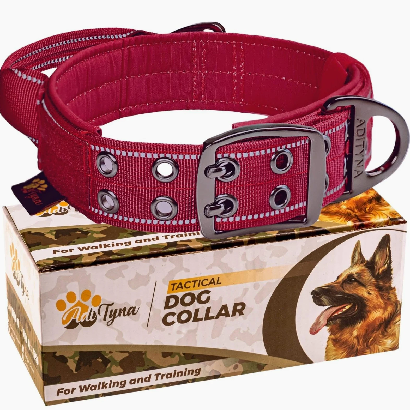 ADITYNA - Collar de perro resistente con asa - Collar reflectante de color burdeos para perros grandes - Ancho, grueso, táctico, acolchado suave