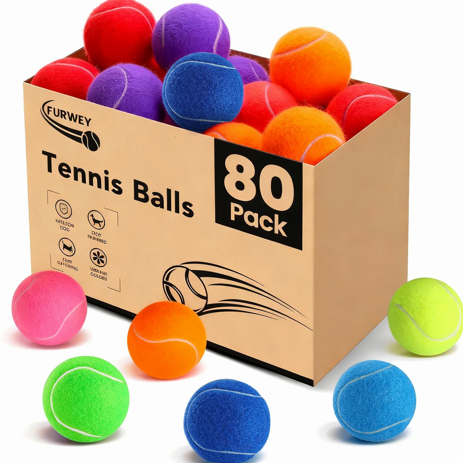 FURWEY Pelotas de tenis para perros, paquete de 80 unidades, 2.5 pulgadas, duraderas y no tóxicas, pelotas de juguete para perros con bolsa de malla, pelotas de juguete coloridas para mascotas (no
