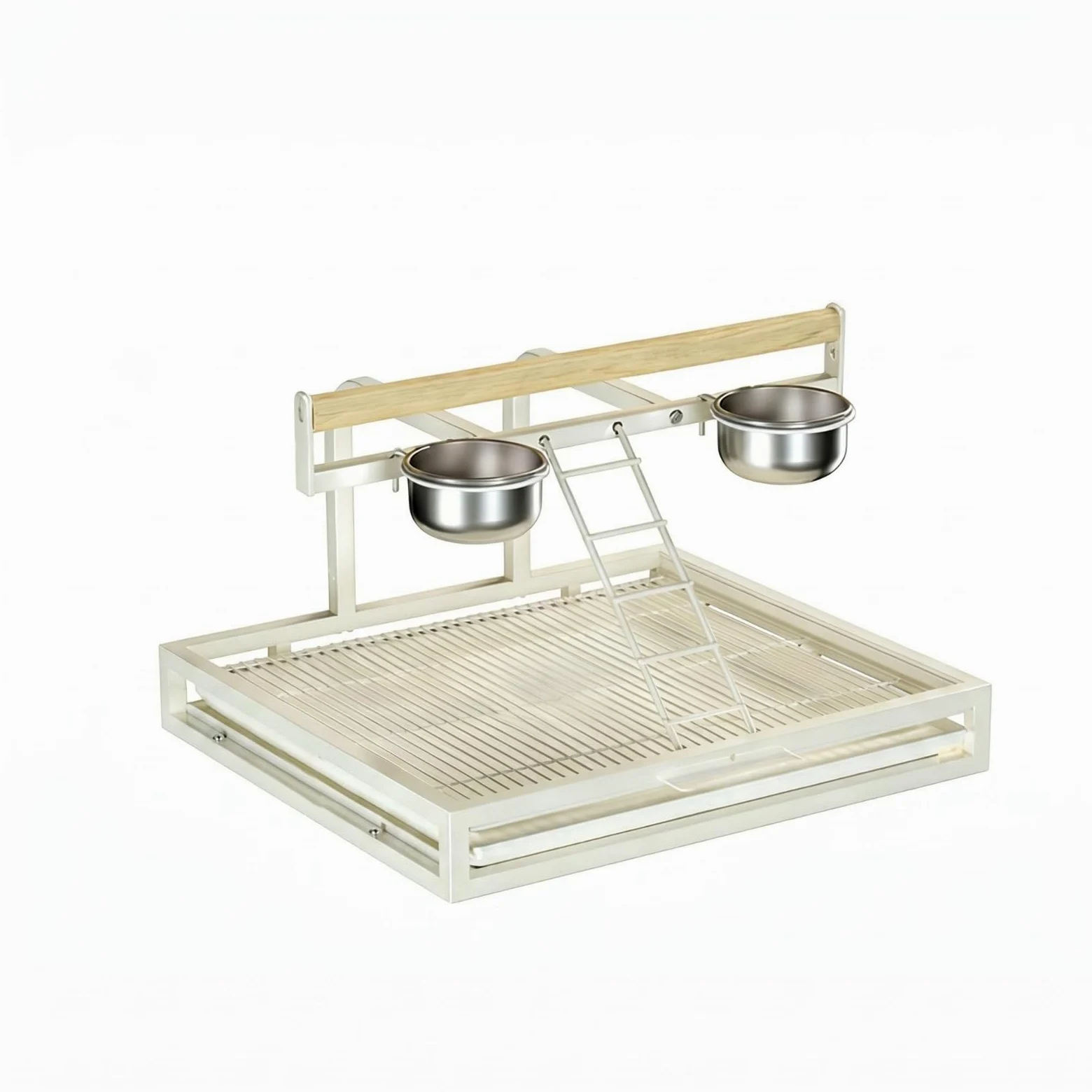 Estructura Elevada Percha Acero Inoxidable Bandeja Blanca Percha con Escalera Madera Clara Pájaro