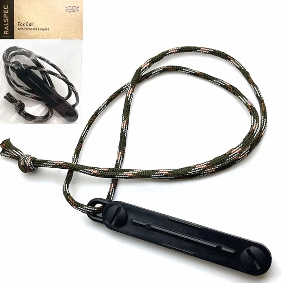 Fox Call con cordón de paracaídas para caza, silbato chirriante, lanzador de conejos