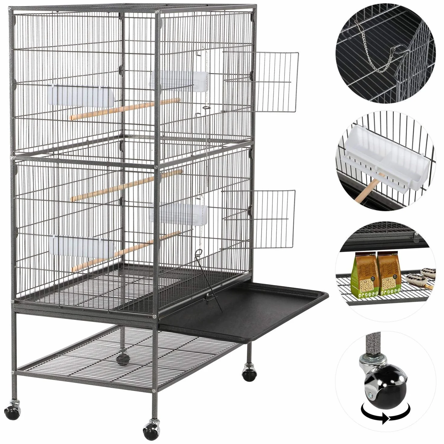Yaheetech Jaula Grande para Pájaros, Mascota con Ruedas, Unisex, 52 cm x 79 cm x 132 cm, Hierro, Negro