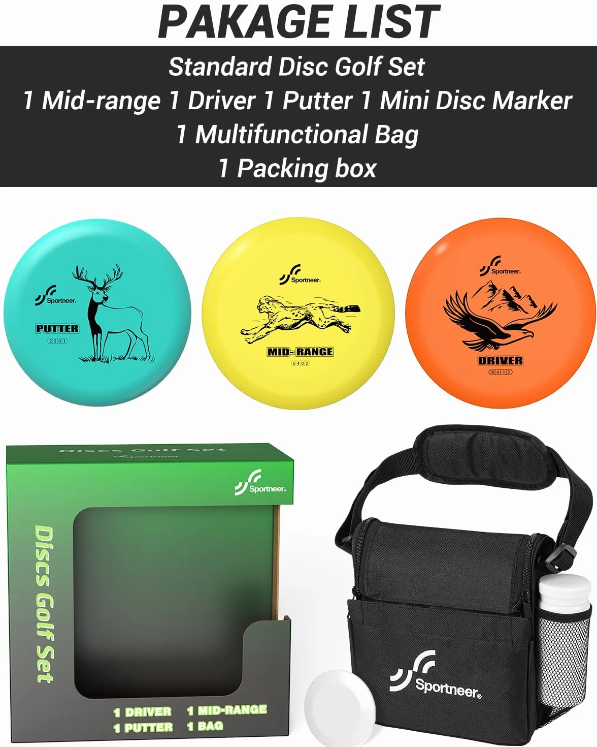 Sportneer Juego de discos de golf 3 piezas con putter, rango medio, driver, mini marcador y bolsa portátil