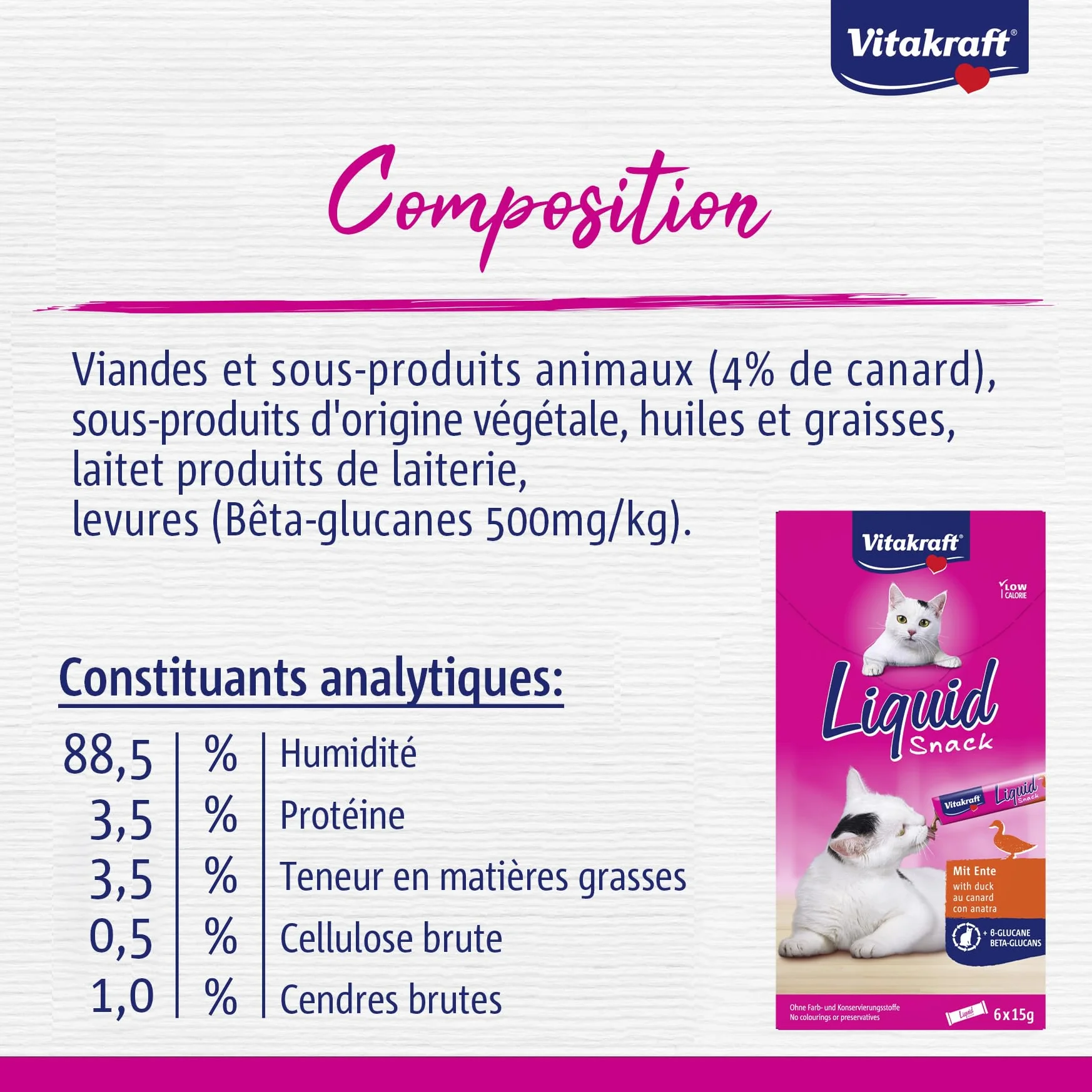 Vitakraft Liquid Snack, golosina para Gatos, Snack cremoso para Gatos, con Pato y betaglucanos, en Sobres Individuales, Mejora Las defensas inmunitarias (1 Paquete de 6X 15g)