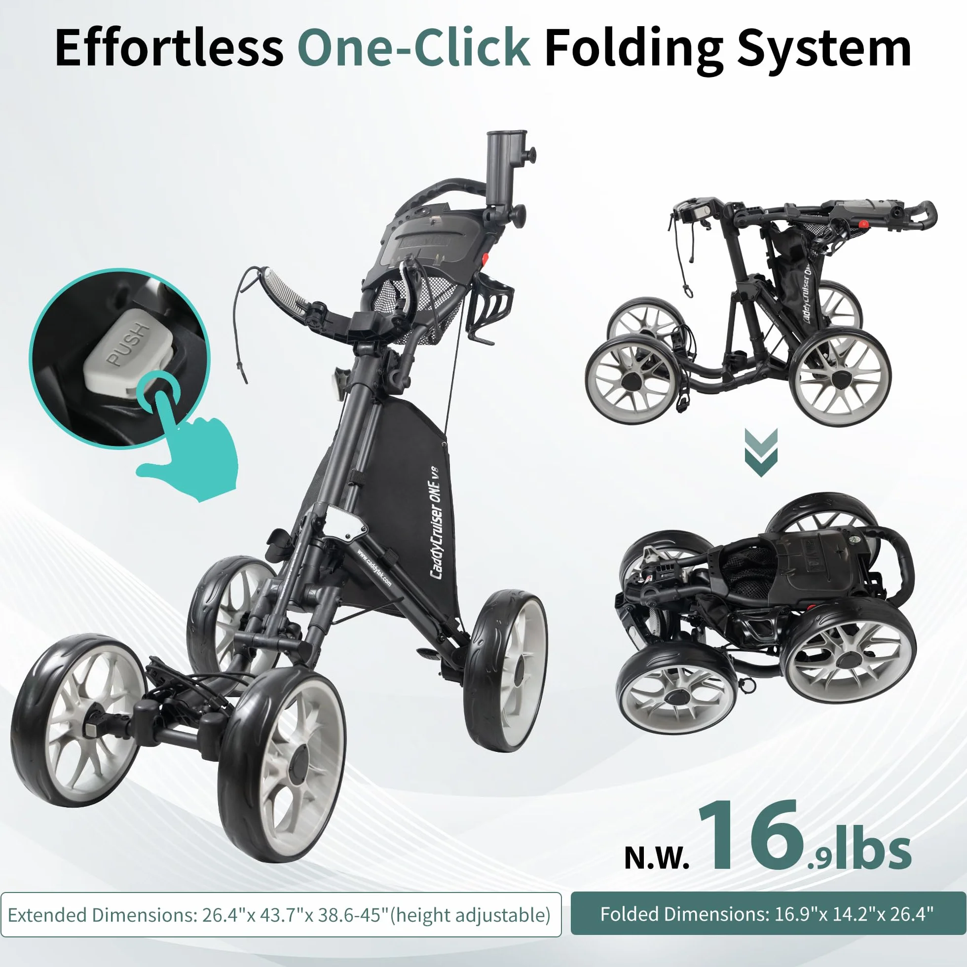 Caddytek Caddycruiser One Version 8 4 Wheel Golf Push Cart - 1-Click Folding Trolley Lightweight Compact Pull Caddy
