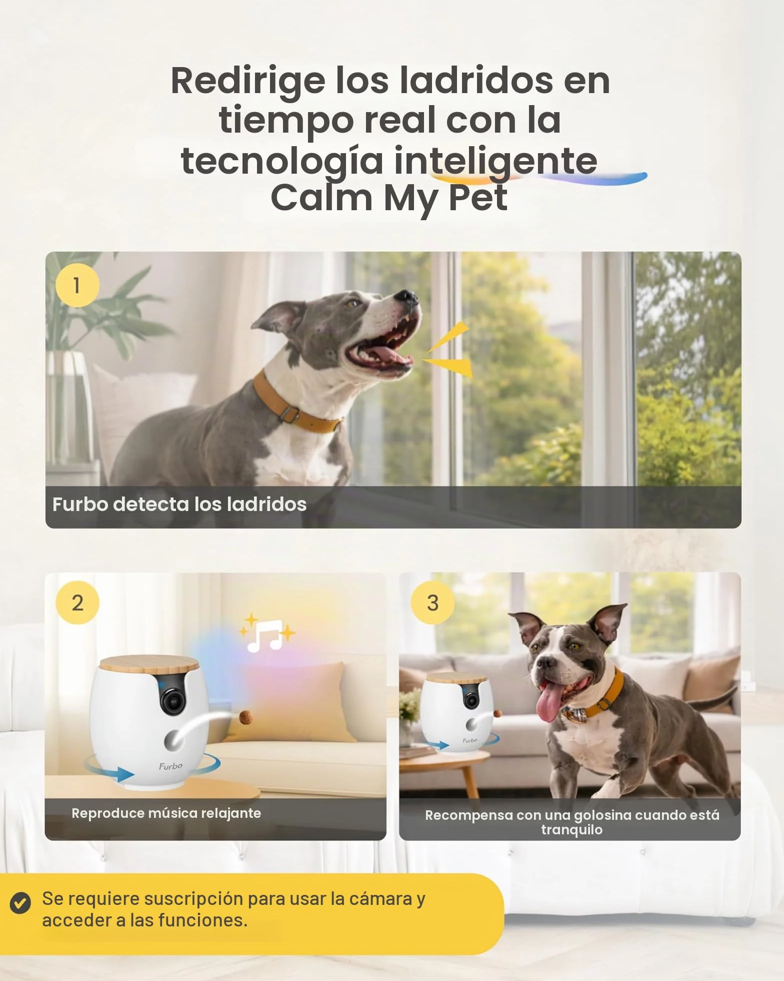 Furbo Mini cámara de 360º para mascotas, desbloquea la cámara inteligente y las funciones inteligentes con plan de pago: seguridad para el hogar y alertas de seguridad para perros y gatos, dispensador