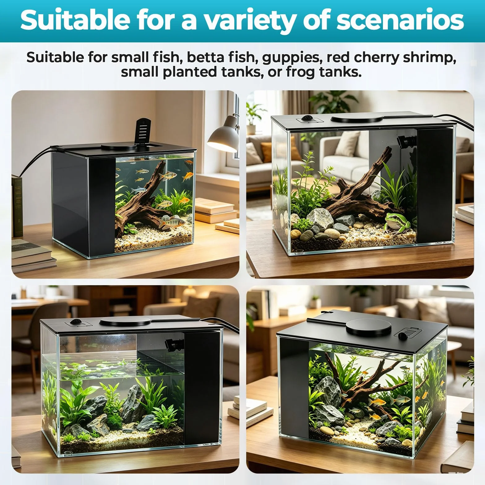 Betta Fish Tank, pequeño acuario de plástico con cubierta y luz LED, kit de inicio de acuario con sistema de filtro, mini pecera de escritorio para camarones Betta