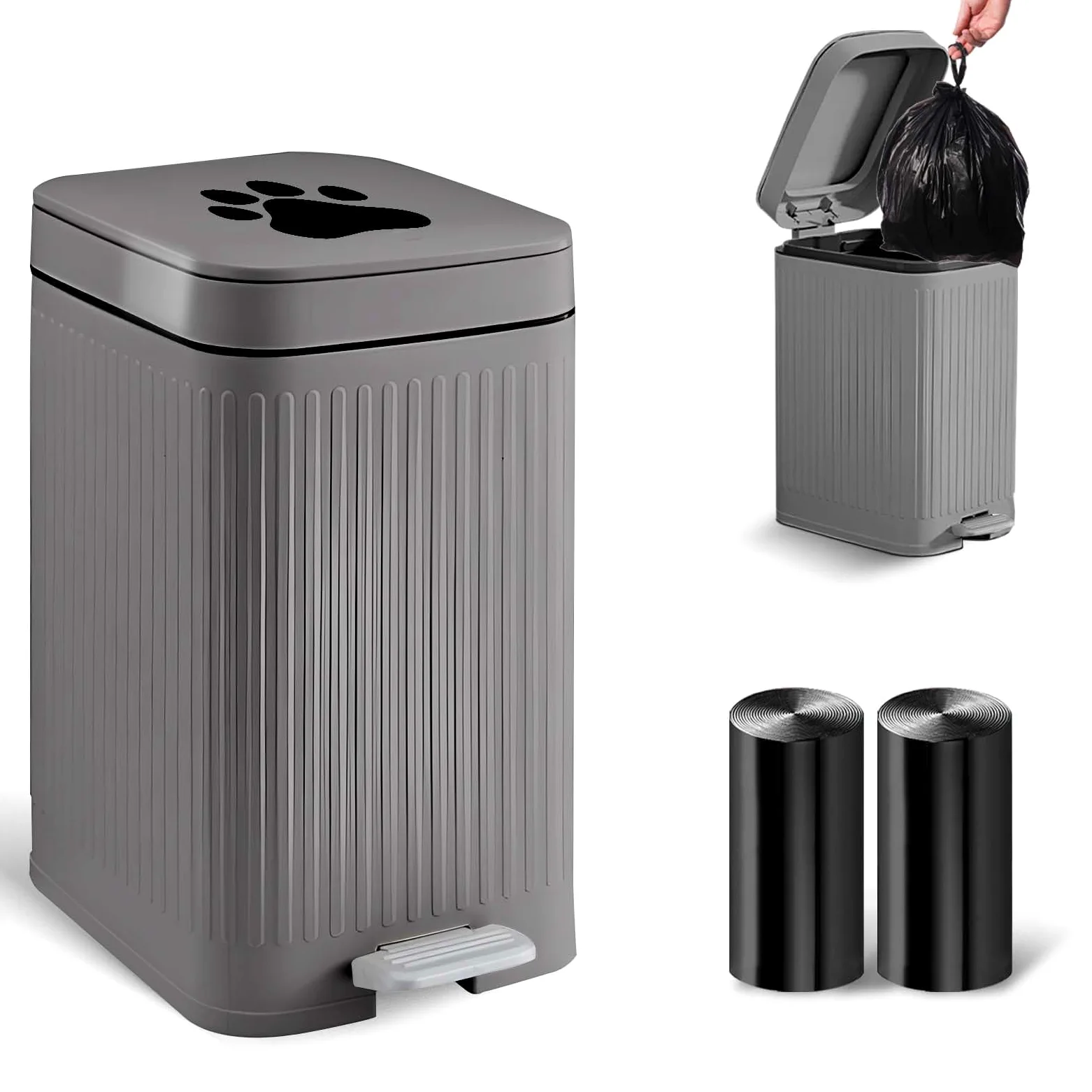 Cubo de basura para excrementos de perro en el exterior, cubo de 5 litros con tapa, pedal de pie, contenedor de residuos para perros con 40 bolsas, tapa de cierre suave para mascotas (cubo