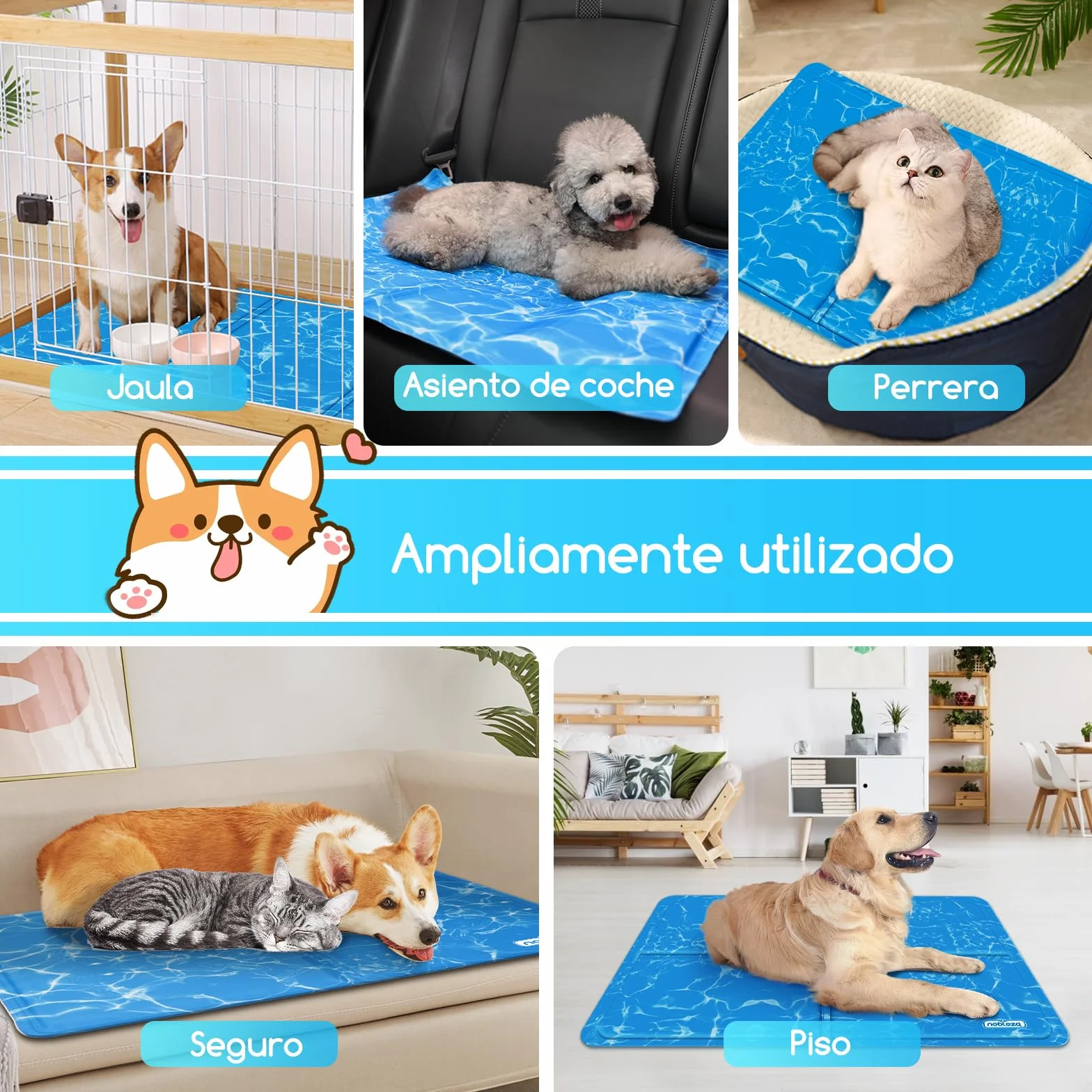 Nobleza - Alfombrilla refrescante para Mascotas Grandes. Auto refrigerante No tóxico. Ideal para para Perros, Gatos en Verano. 65 * 50 cm, Color Azul M