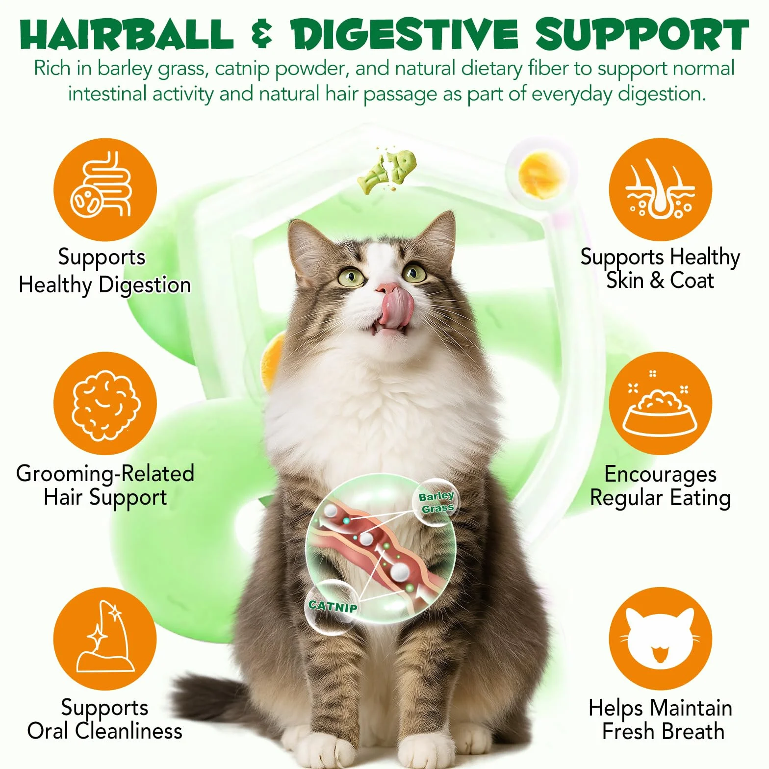 Golosinas de Hierba para Gatos 180g, Golosinas con Catnip para Gatos - Snacks para Ayuda con las Bolas de Pelo y Cuidado Dental, Fibra Natural para la Digestión, Textura Crujiente para Limpieza Dental