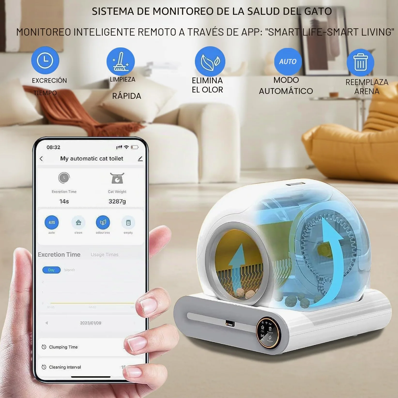 Arenero Gatos Autolimpiable, Arenero Automatico, 65L XXL | Desodorizante, Controlado por Aplicación, Cagadero Autolimpiable Grande, Adecuado para Varios Gatos