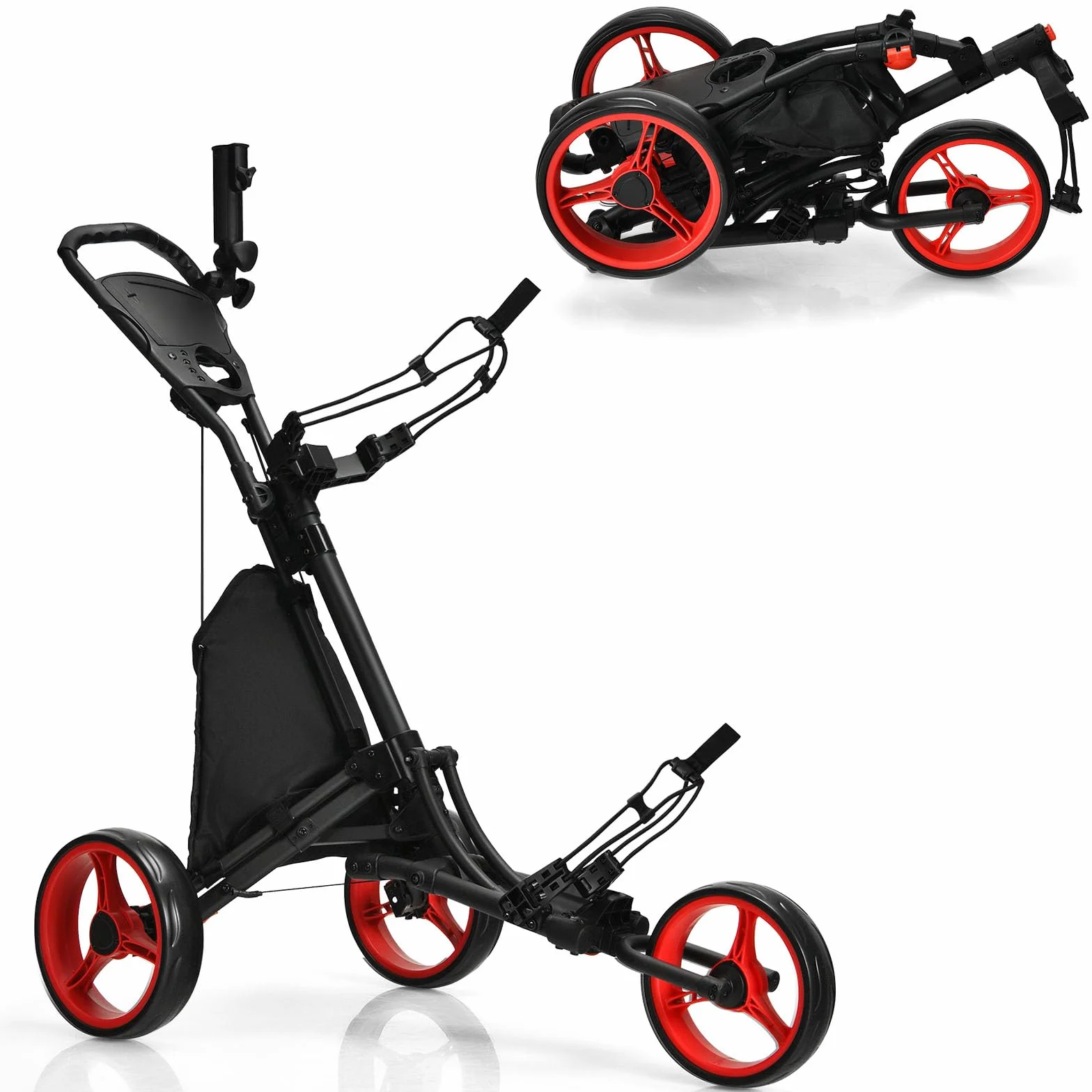 LIFEZEAL Carrito de Golf Plegable 3 Ruedas con Freno de Pie, Altura Ajustable, Paragüero, Portabotellas y Bolsa