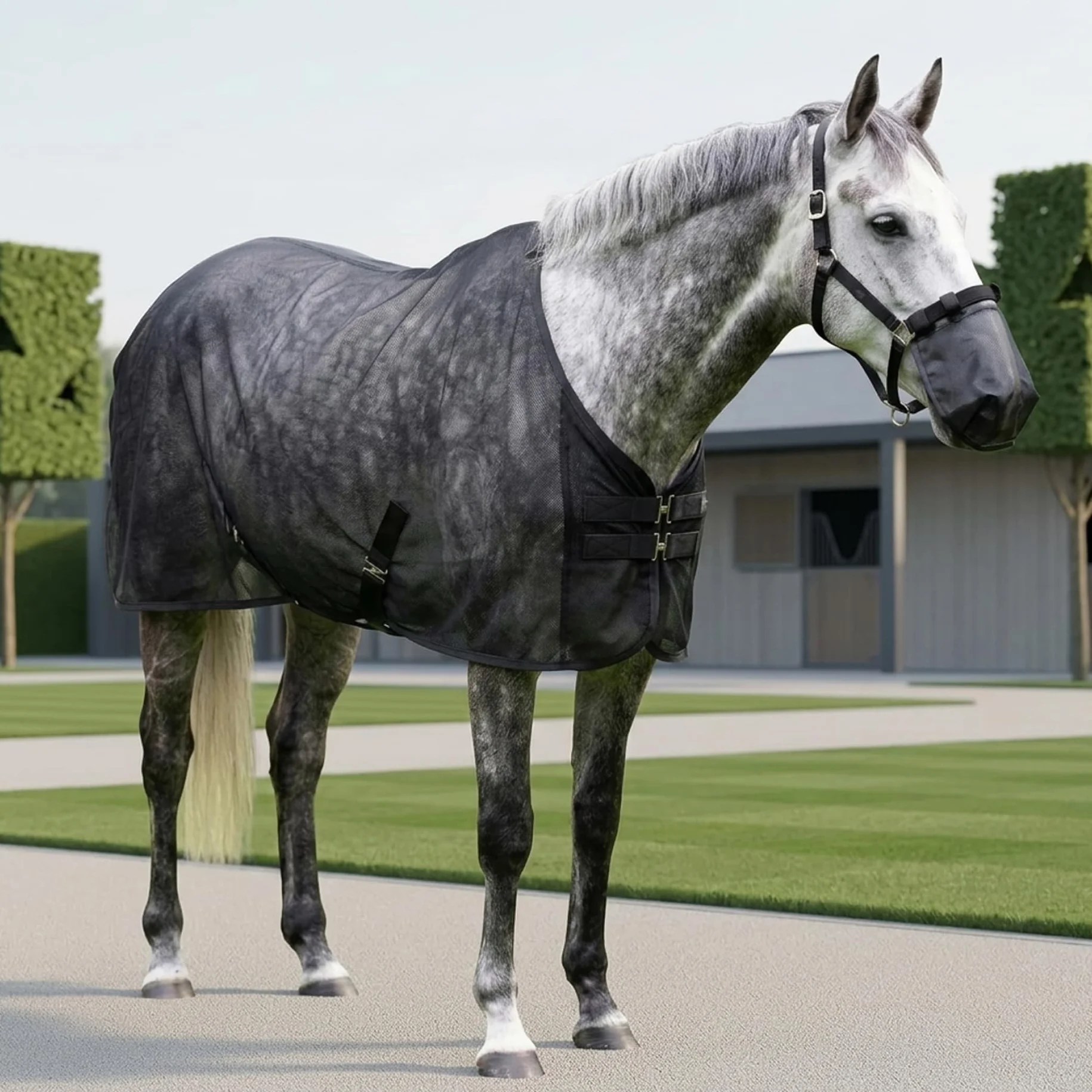 Sábana antimoscas de Malla Ajustable con Cubierta para la Nariz Protección Transpirable contra Insectos de Verano para pastos y mosquiteras para Caballos, Negro, 187 cm/73, 62 Pulgadas, Sábana para