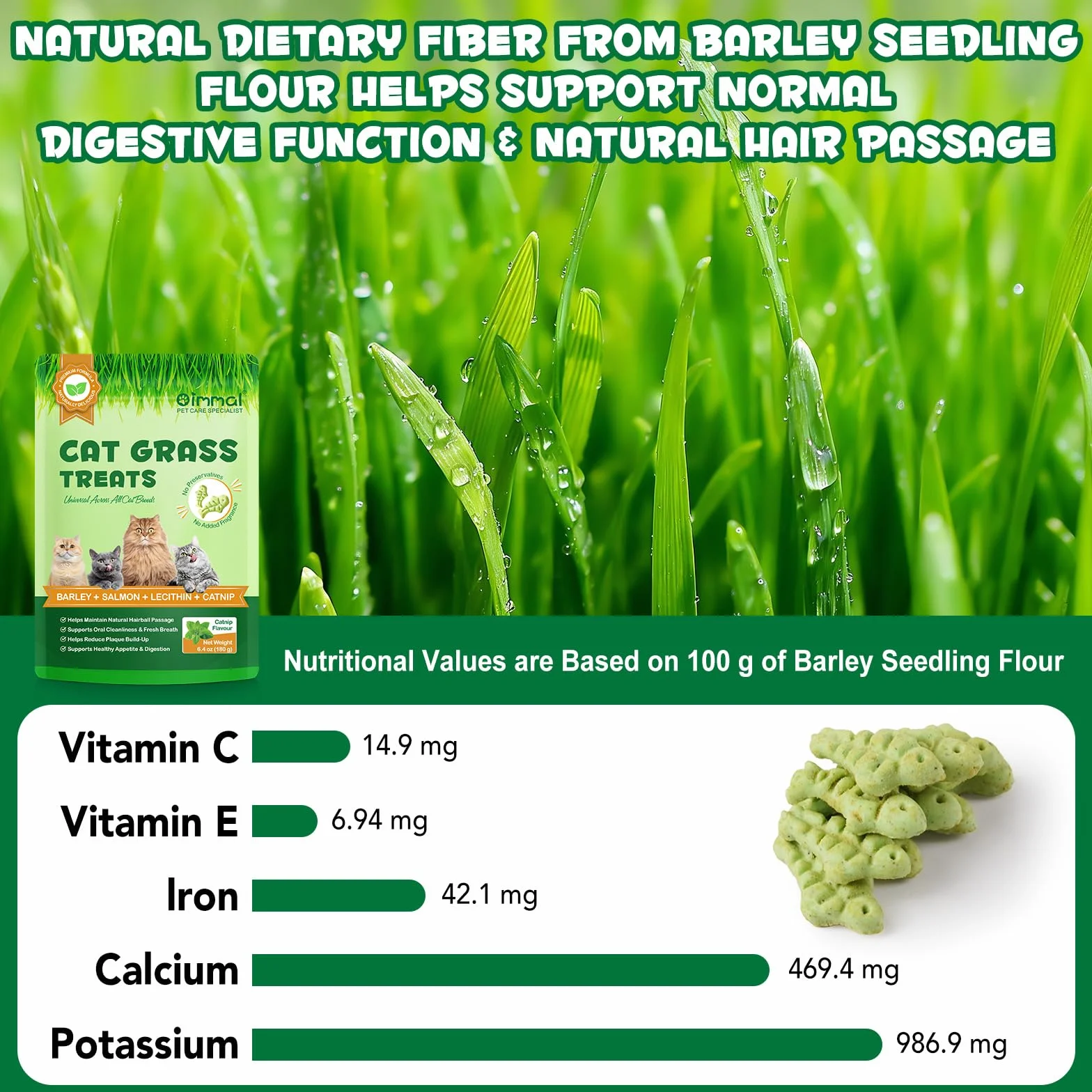 Golosinas de Hierba para Gatos 180g, Golosinas con Catnip para Gatos - Snacks para Ayuda con las Bolas de Pelo y Cuidado Dental, Fibra Natural para la Digestión, Textura Crujiente para Limpieza Dental
