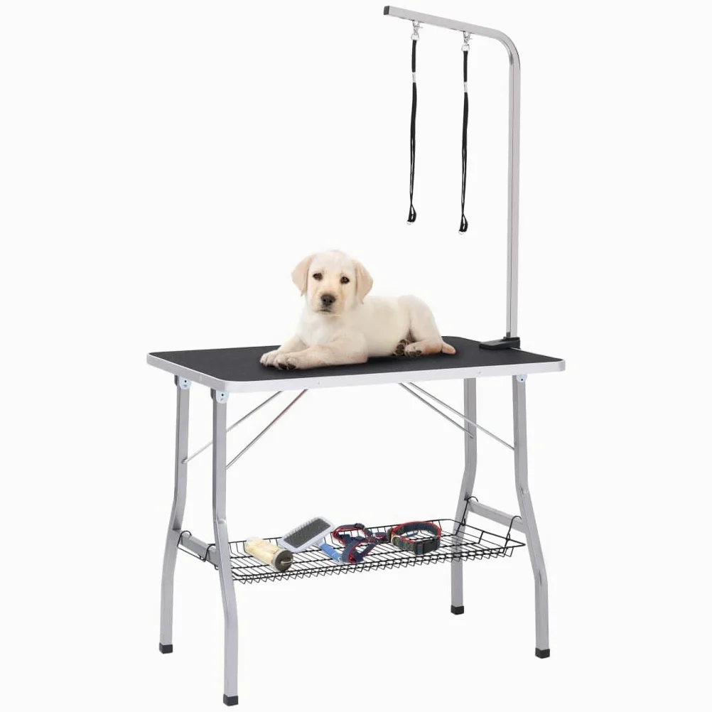 Mesa ajustable para perros y gatos con 2 trabillas, cesta de almacenamiento, plegable, de acero y acero inoxidable, 90 x 60 x 76 cm, ideal para aseo y peines