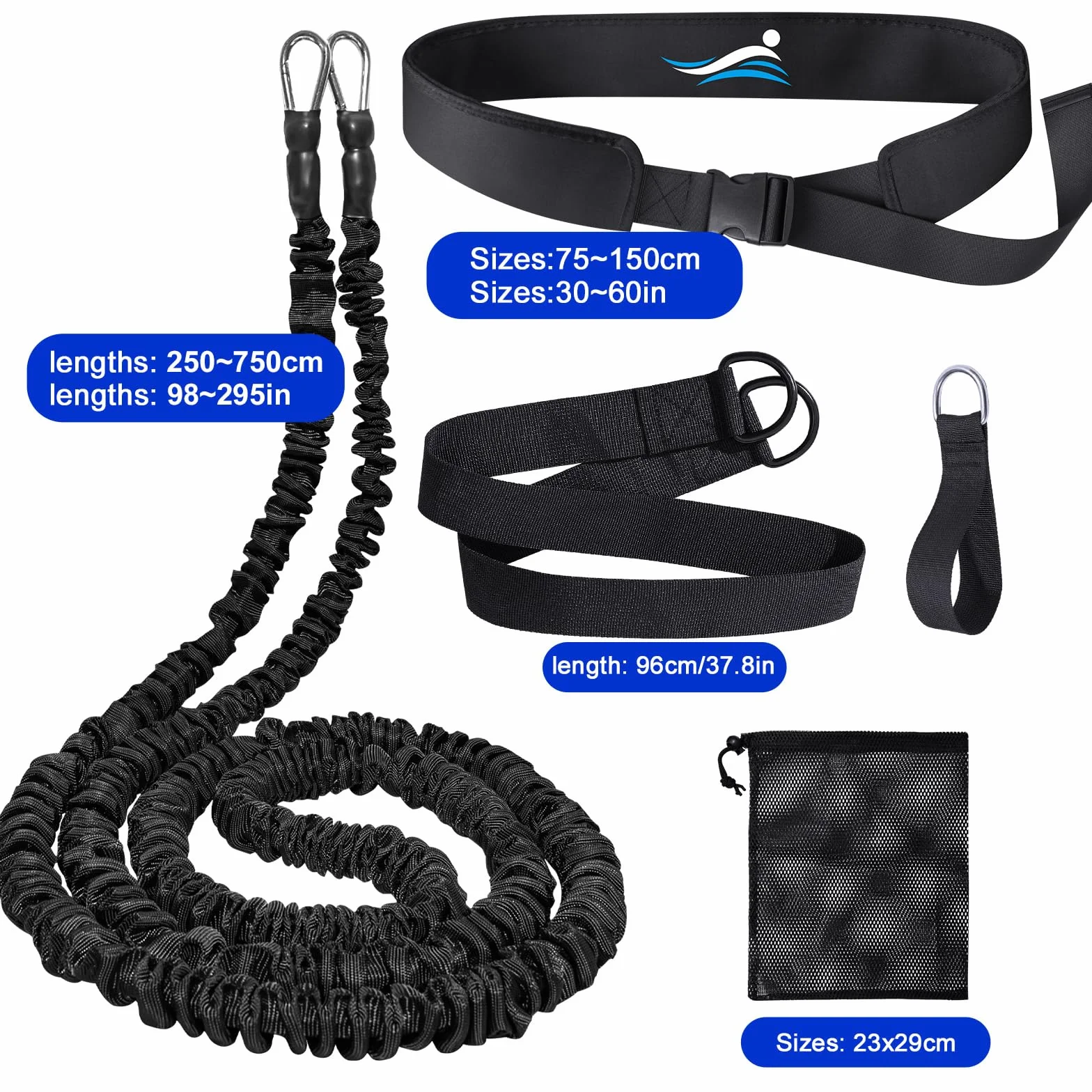 Cinturón de natación profesional con resistencia ajustable, cuerda de 2,5-7,5 m, para adultos y niños (Azul)