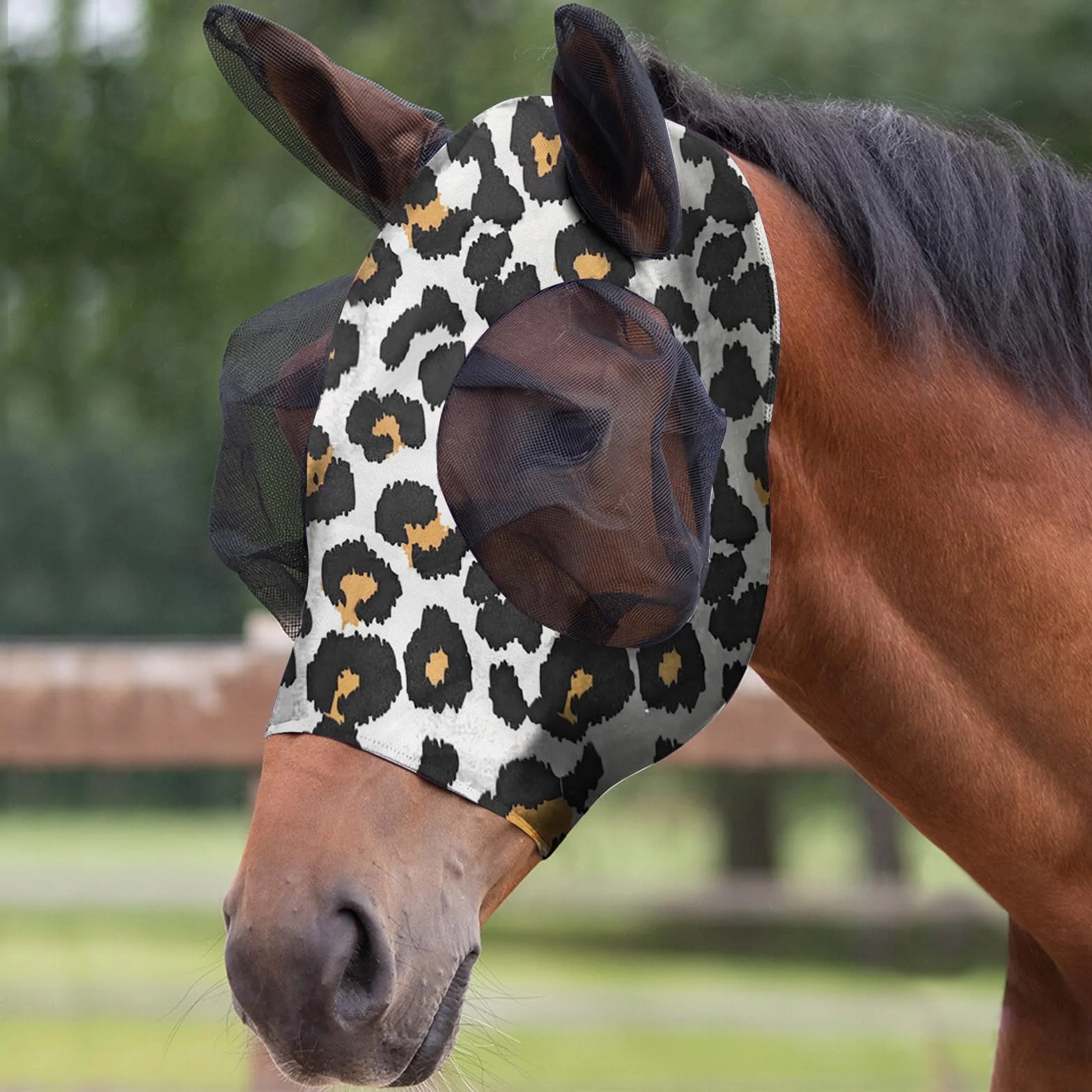 Máscara Antimoscas para Caballos con Orejeras, Estampado de Leopardo, Anti-UV, Malla Transpirable