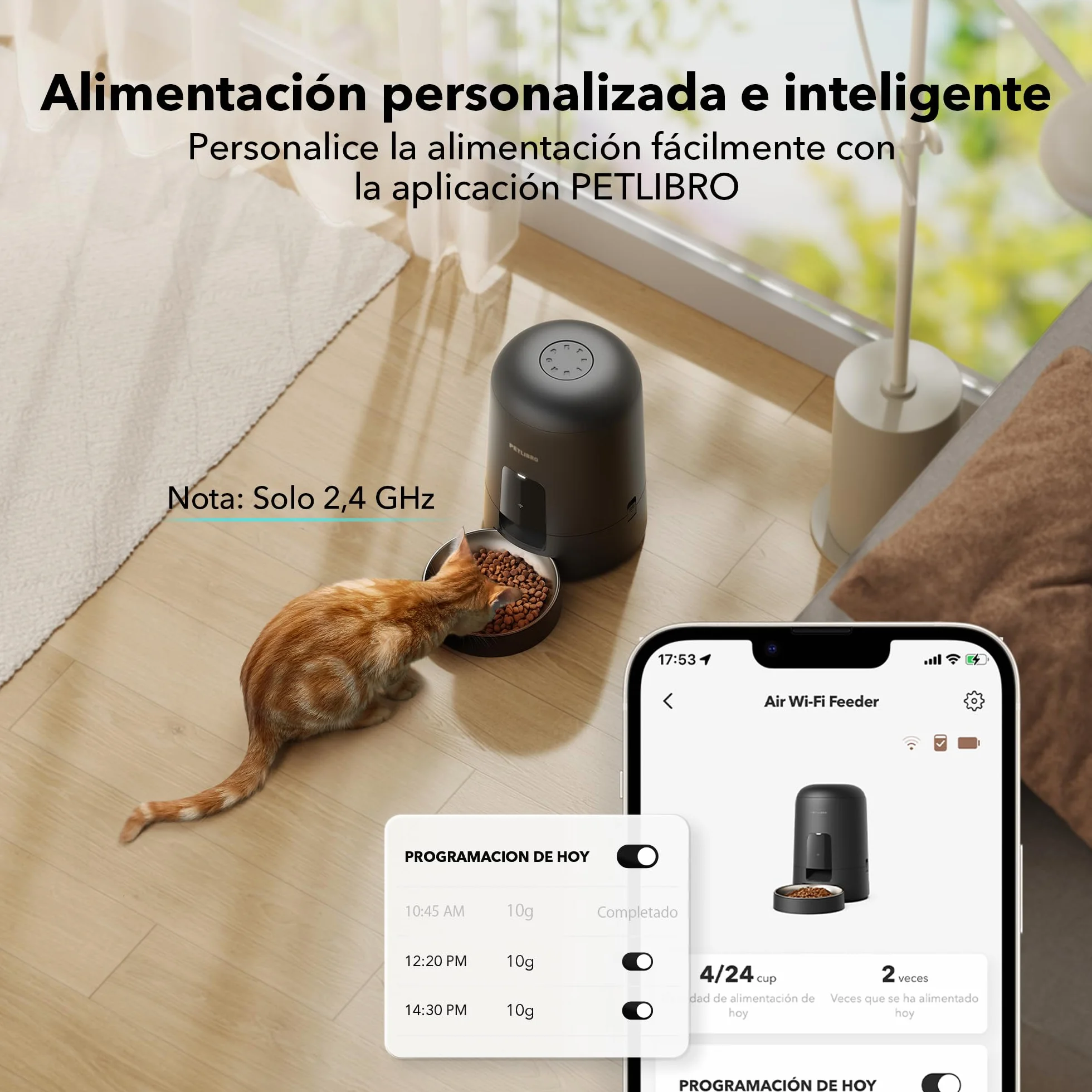 PETLIBRO Comedero Gato Automatico, 2.4G WiFi Funciona con Pilas, Dispensador Comida Seca Gatos/Perros, Control de App, 1-10 Comidas al Día, Automático Mascotas Sin Cable para Gatos, 2L, Negro