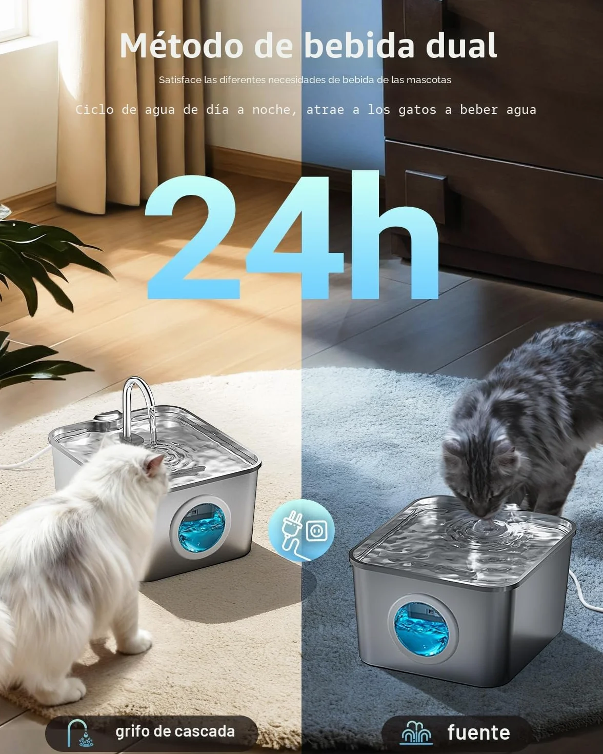 Fuente para Gatos Acero Inoxidable - 2,6L Bebedero Gatos Automatico Estilo Grifo Súper Silenciosa con Cable, Cuádruple Filtración, Fácil de Limpiar, con LED 3 Filtros y 3 Esponjas