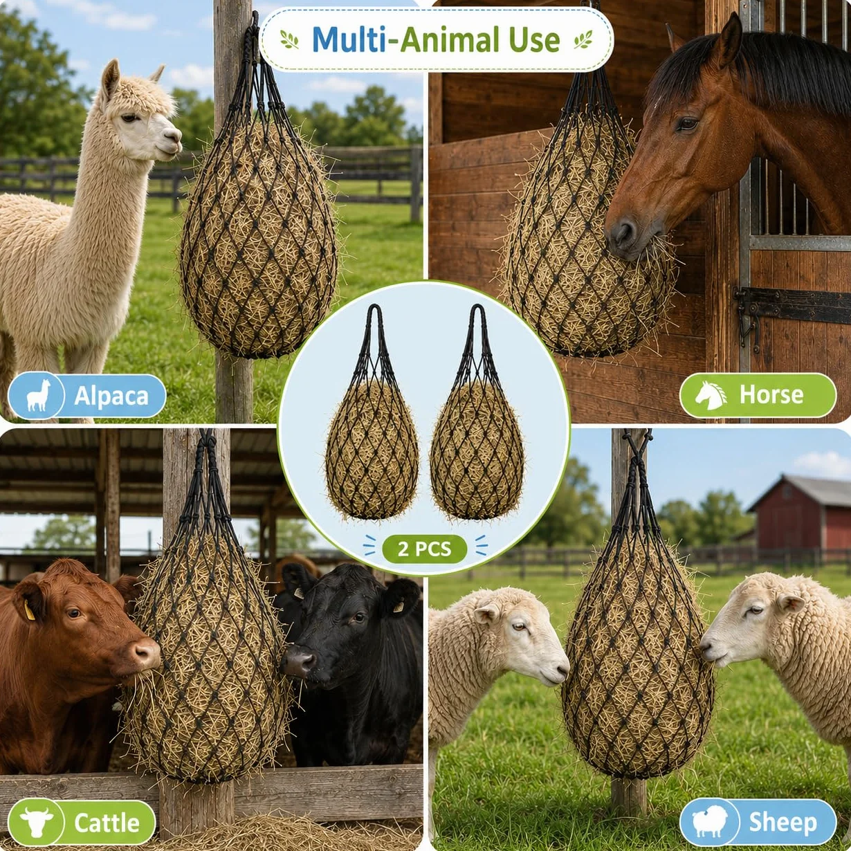2 Piezas Red de Heno para Caballos, Malla de 5 x 5 cm, Bolsa de Heno para Alimentación Lenta, para Establo, Remolque, Ponis y Cabras (Negro)