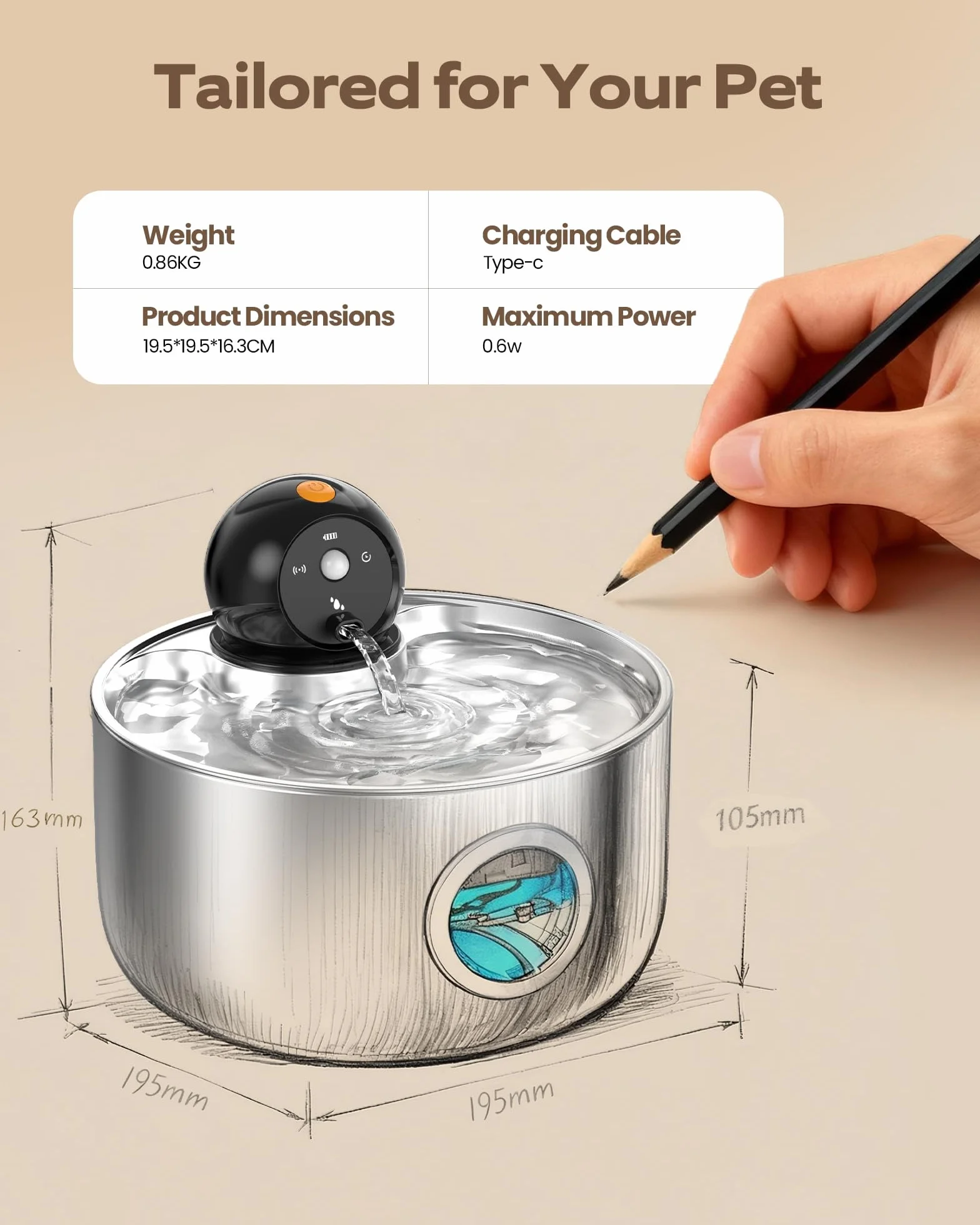 Fuente para Gatos sin Cable: Bebedero Gatos Automatico Acero Inoxidable con Sensor de Movimiento - 2.6L Fuente de Agua para Gato Inalambrica con Bateria Recargable - Dispensador Agua Perros