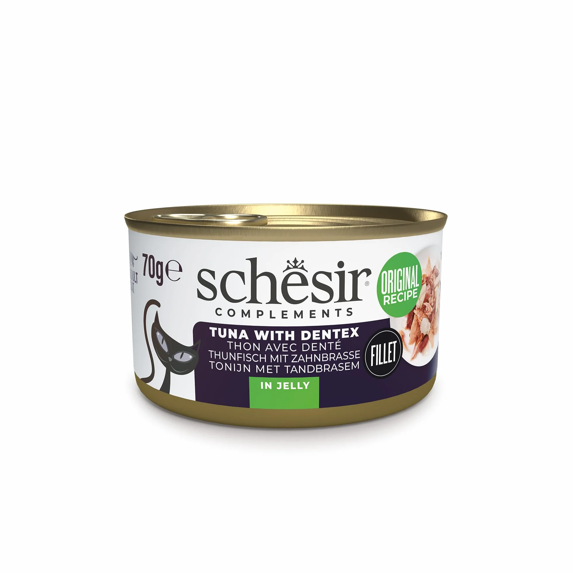 Schesir, Filetes de Atún con Merluza en Gelatina, Comida Húmeda Complementaria para Gatos, en Latas, Receta Original, 100% Natural, 12 x 70g