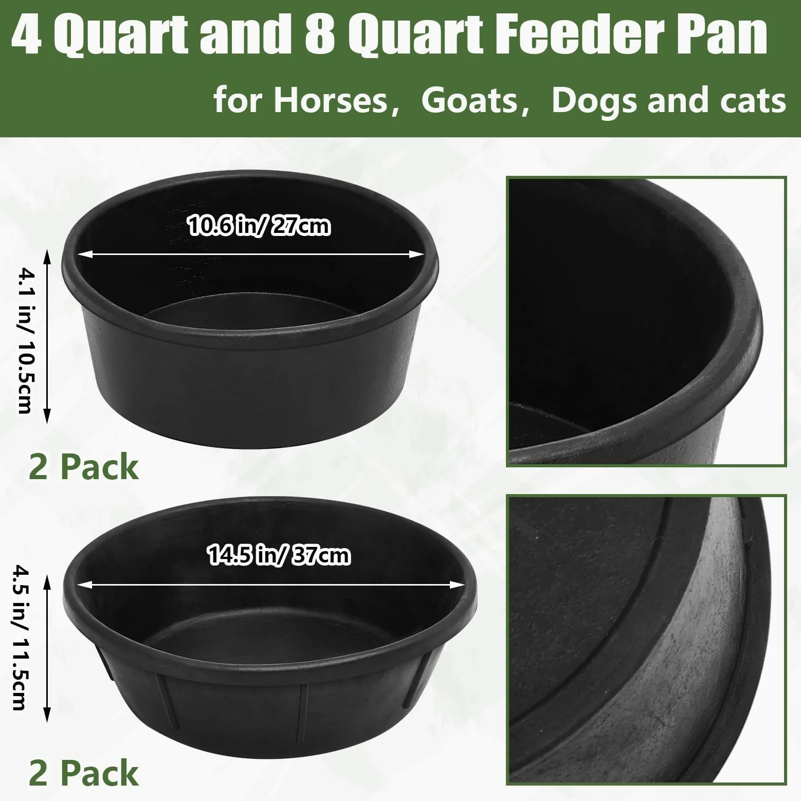 Sadnyy 4 sartenes de goma de 4 cuartos y 8 cuartos de galón, recipiente de goma para polvo de baño para pollo, pato, cerdo, perros, gatos, cabras, caballos, ganado al aire libre, animales