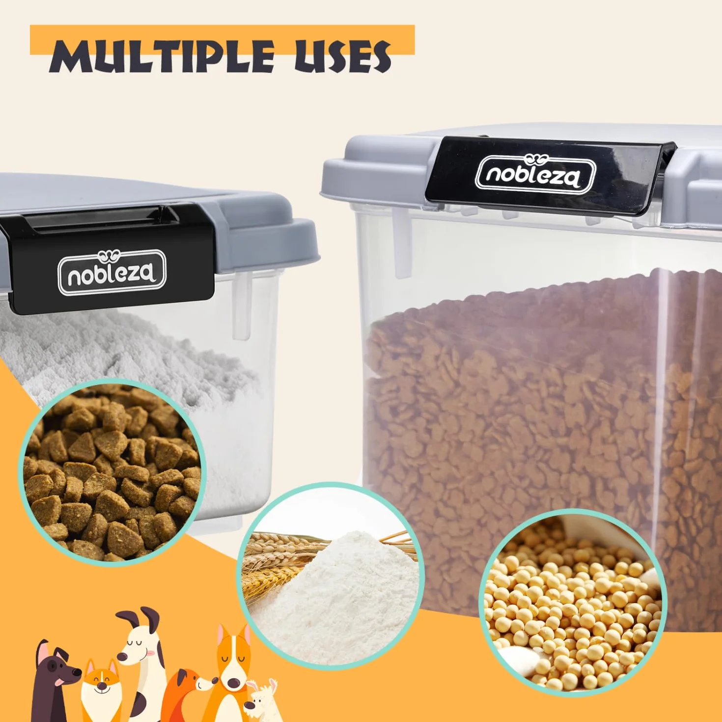 Nobleza Contenedor de Comida para Mascotas 10L+40L， Caja Hermética Transparente con Ruedas， Tapa Abatible y Pala para Alimento de Perros y Gatos， Gris