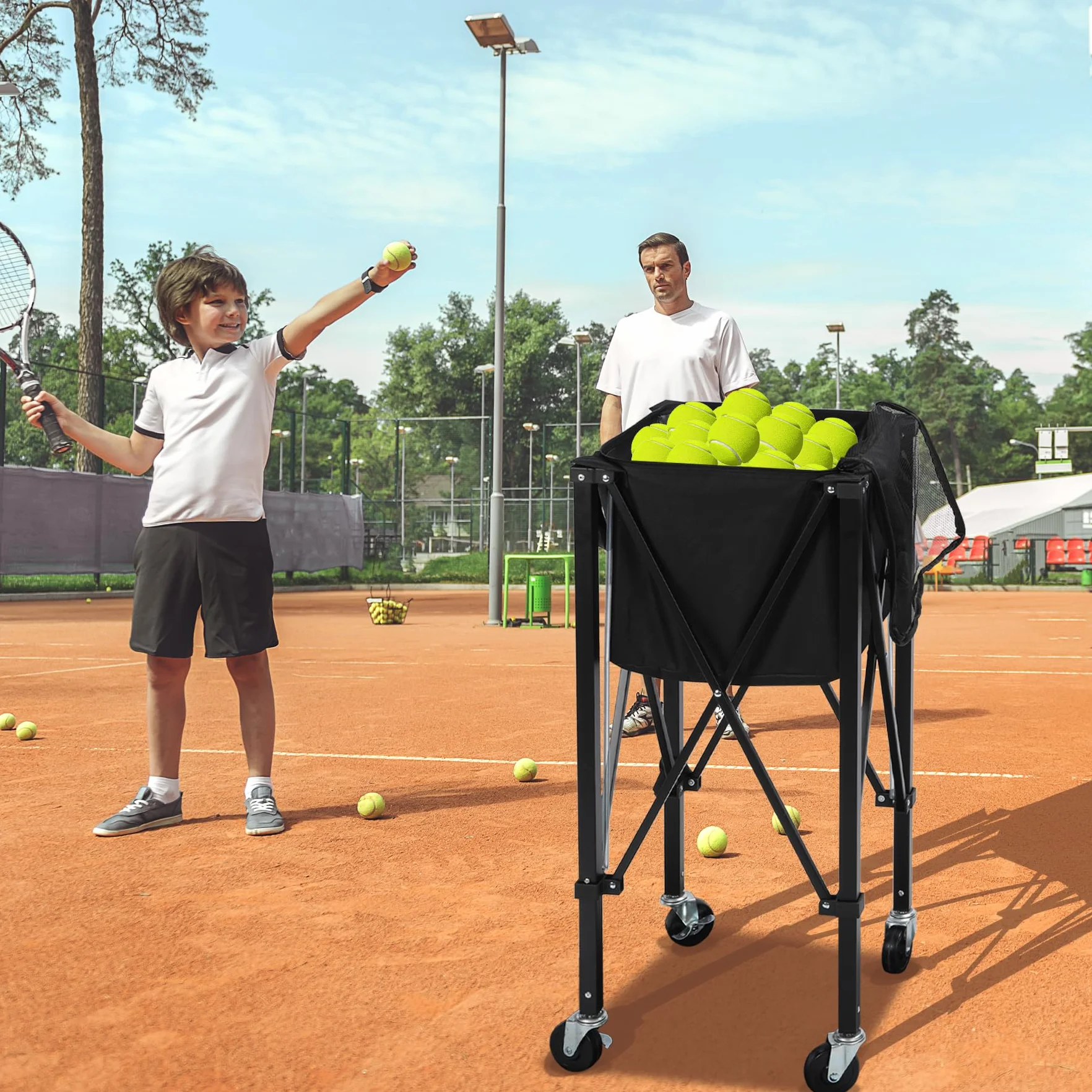 Carro de pelotas de tenis plegable para 180 pelotas, con ruedas de seguridad