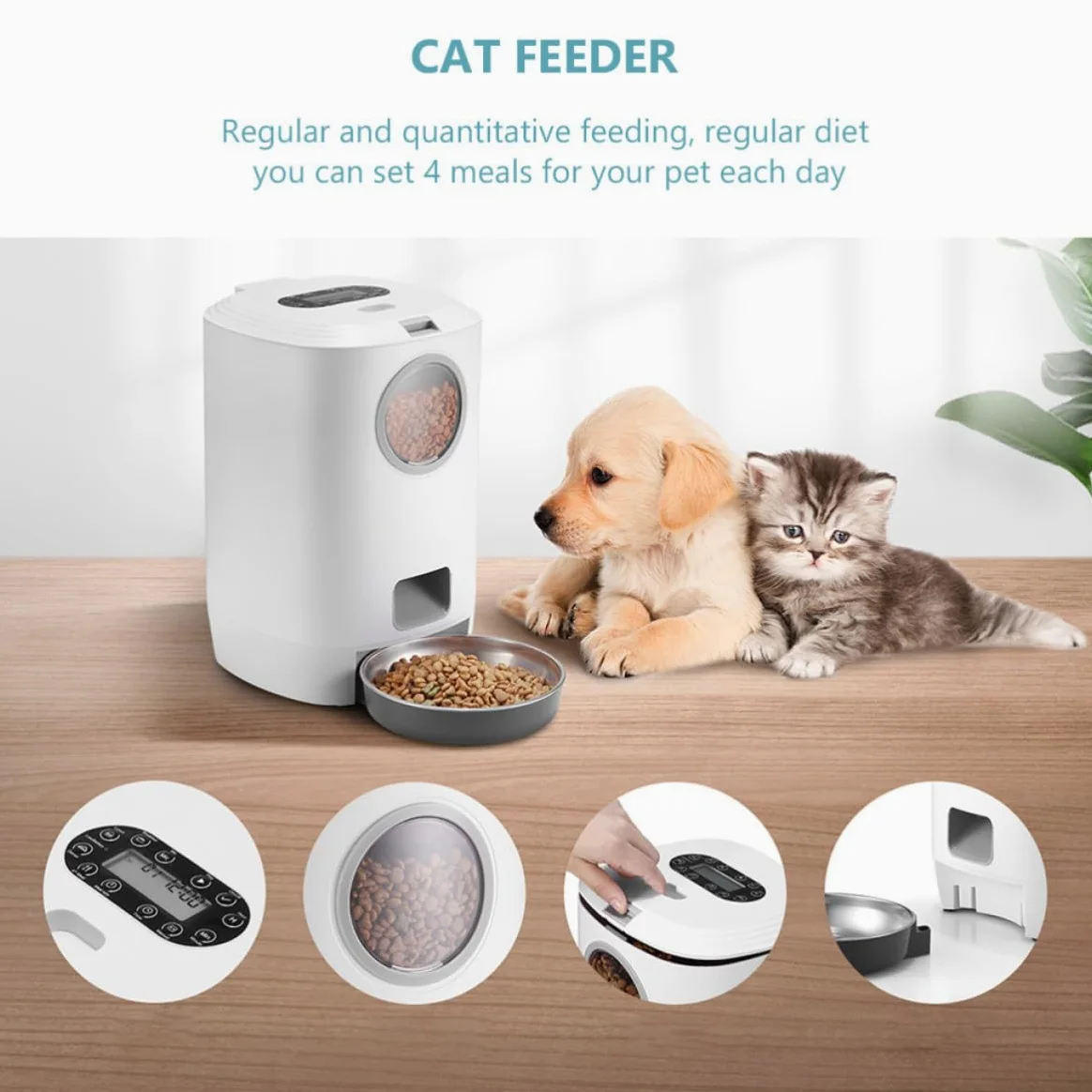 Comedero Automático para Mascotas Contenedor de Alimentación para Mascotas 4.5l Blanco Carga USB Desmontable Abs Acero Inoxidable y PC para Gatos y Conejos