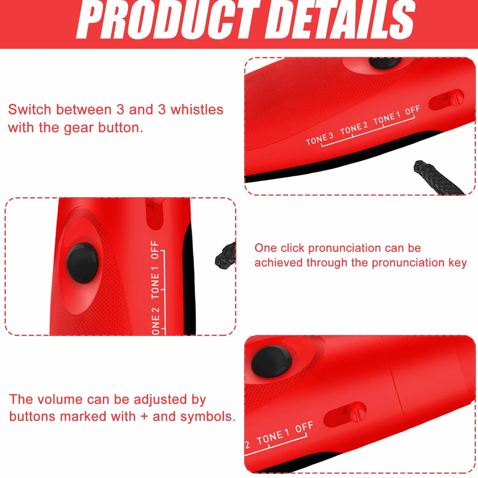 Silbato Electrónico Profesional 3 Tonos, Silbato de Árbitro Portátil Ajustable (Rojo)