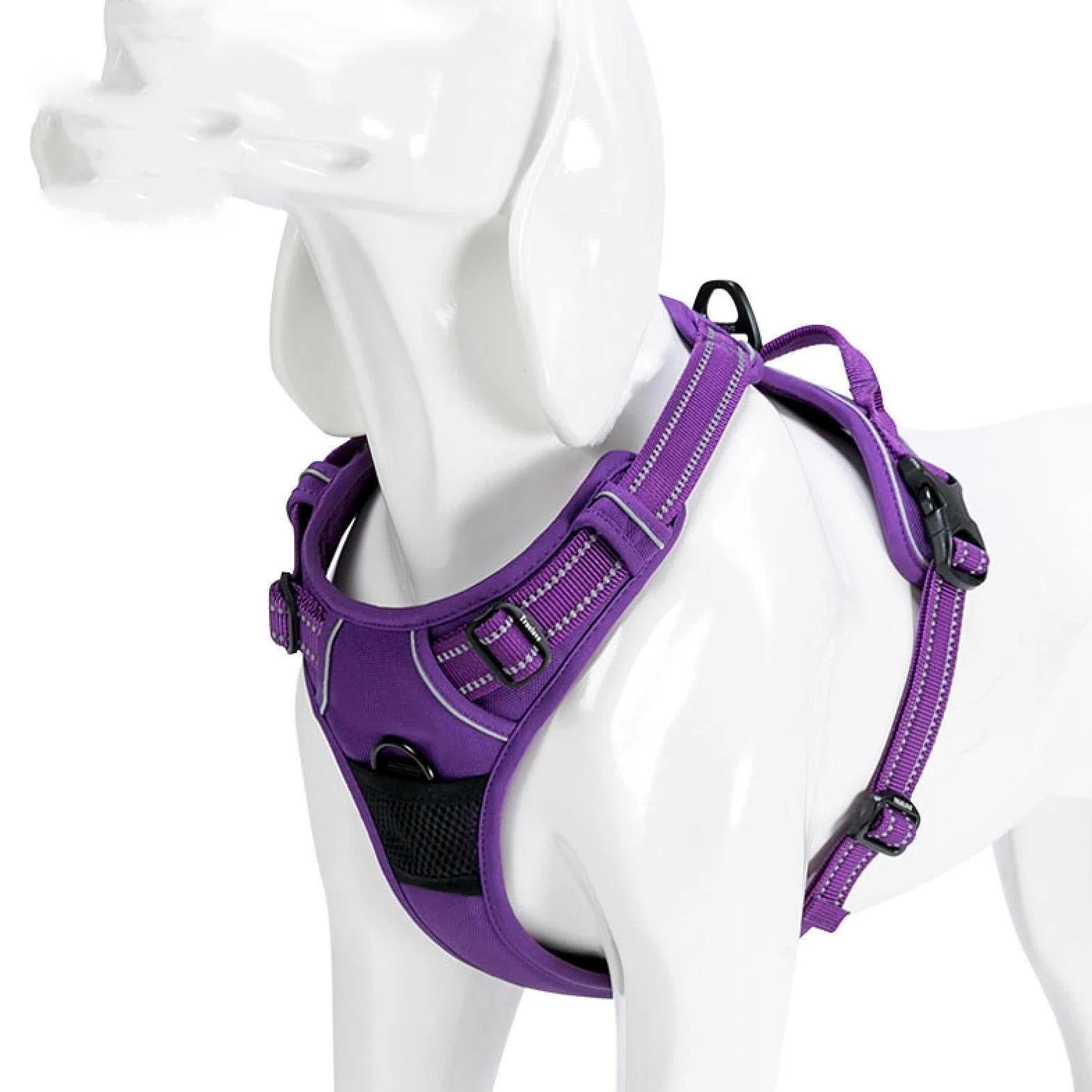 Reflectante nylon grande mascota perro arnés servicio todo clima perro V en forma de cuero de plomo ajustable acolchado para seguridad coche mascota M56-69cm busto púrpura