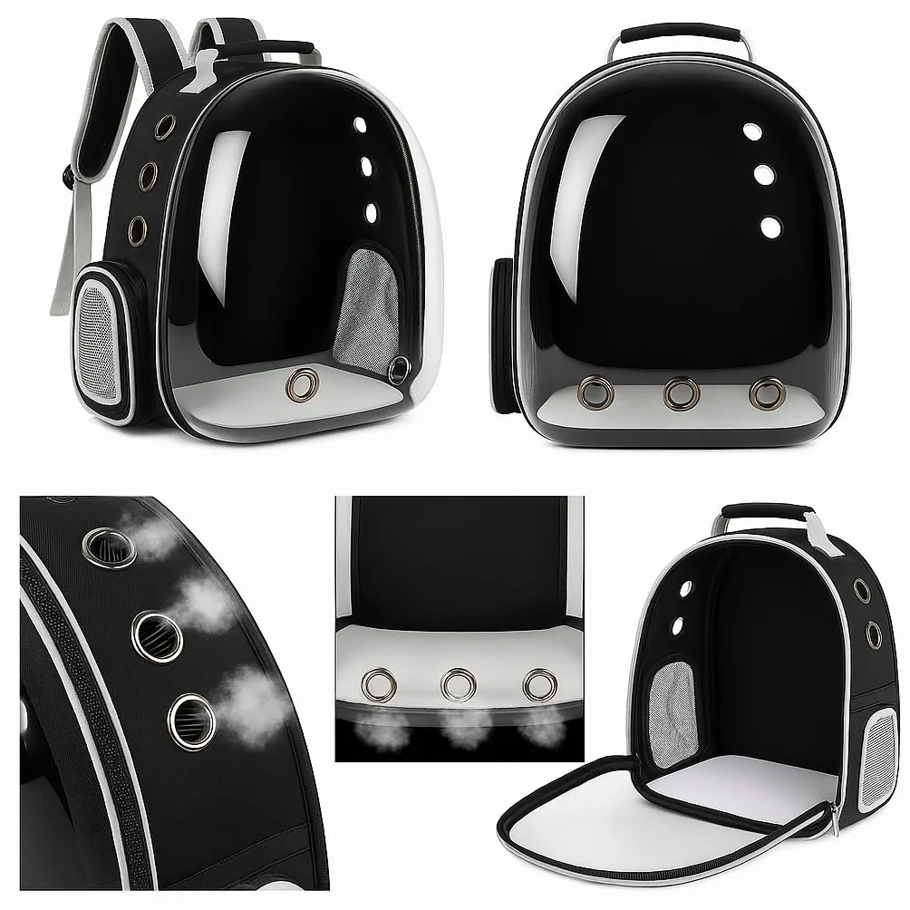 Mochila para Mascotas con Cápsula Transparente, Transportín Portátil para Gatos y Perros Pequeños, Pets, Ventilación Múltiple, Diseño Ergonómico, Mochila Negra