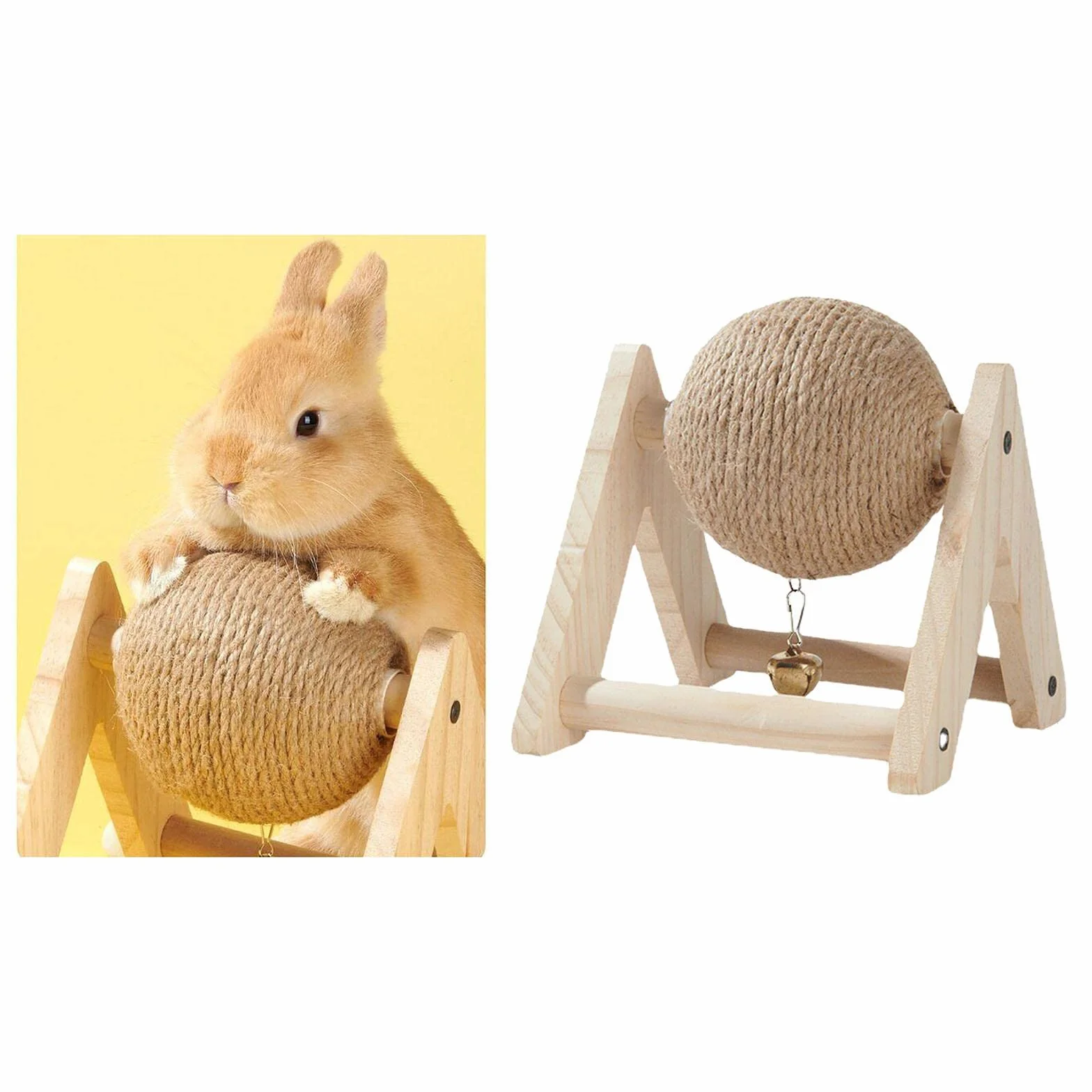 Juguete para Conejos Rascador Bola de Sisal Portátil y Duradera Base de Madera Innovadora en Triángulo Invertido Campana para Estimular a Mascotas