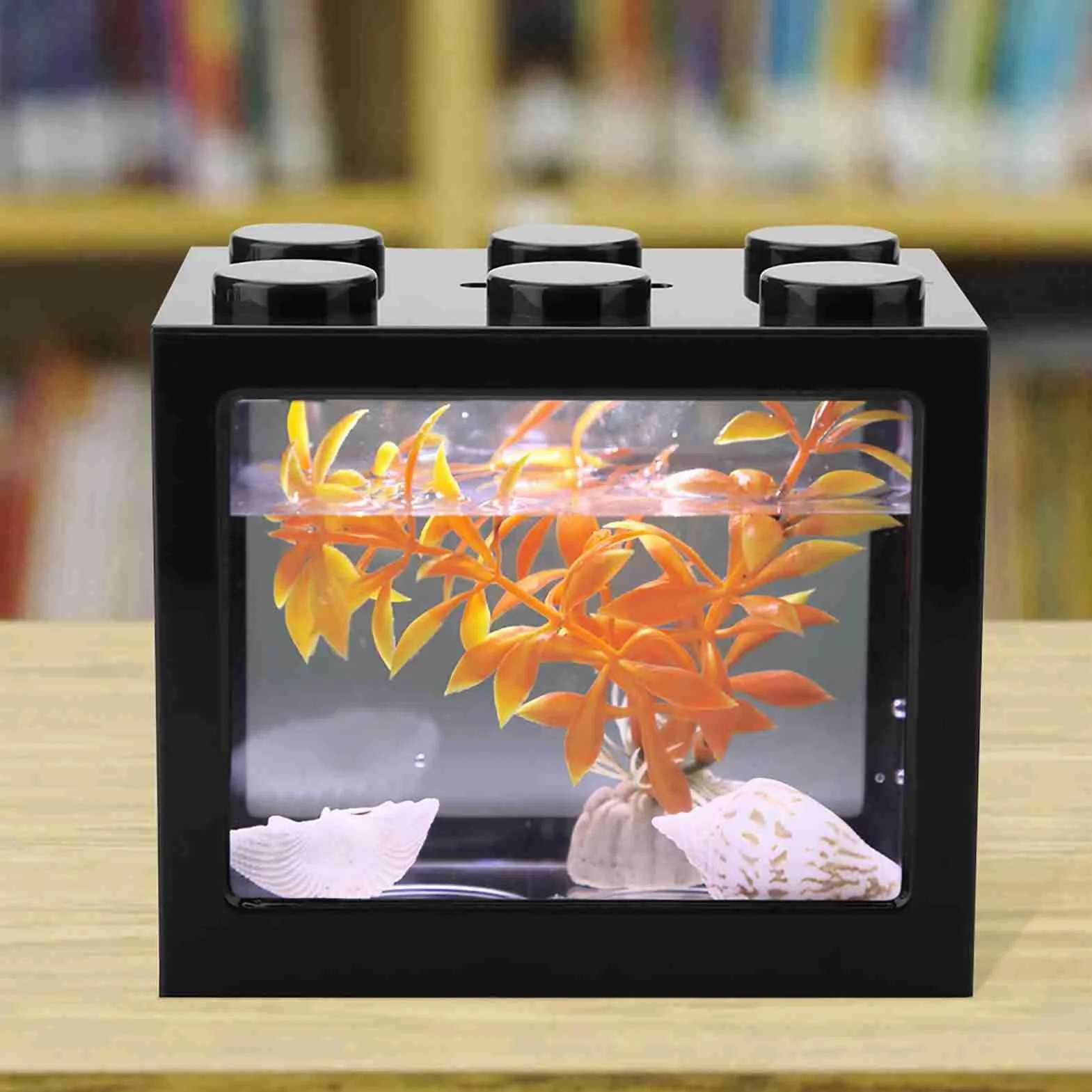 Qcwwy Mini Pecera Acrílica, Kits de Iniciación para Acuarios Mini Pecera Acuario Cubo Apilable Tanque Escritorio Mini Acuario Tanque Tazón con Luz LED USB(Negro)