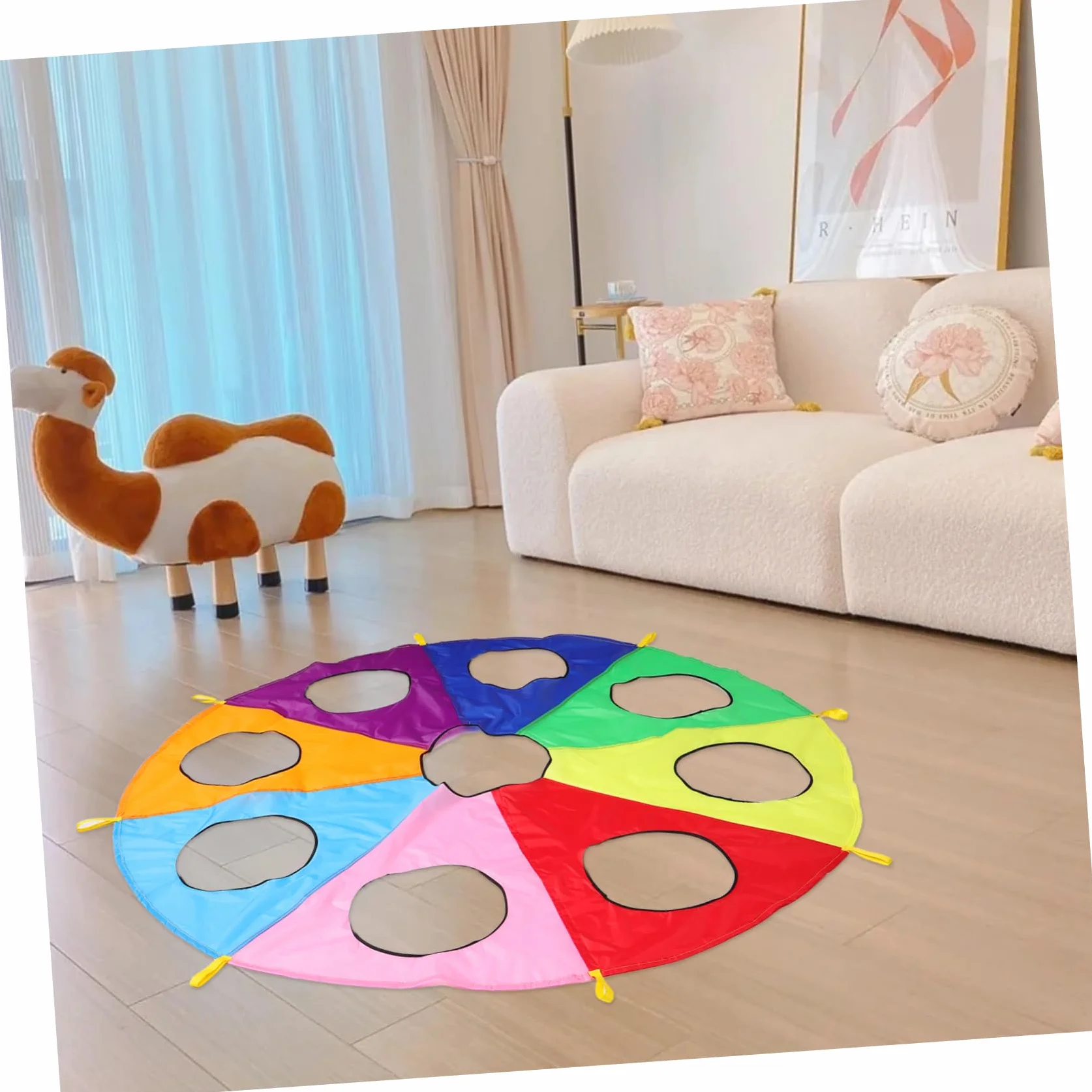 TOYANDONA Paracaídas Arcoíris con 9 Hoyos, Juego Cooperativo, Material Seguro Plegable para Niños Jardín de Infantes Actividades al Aire Libre