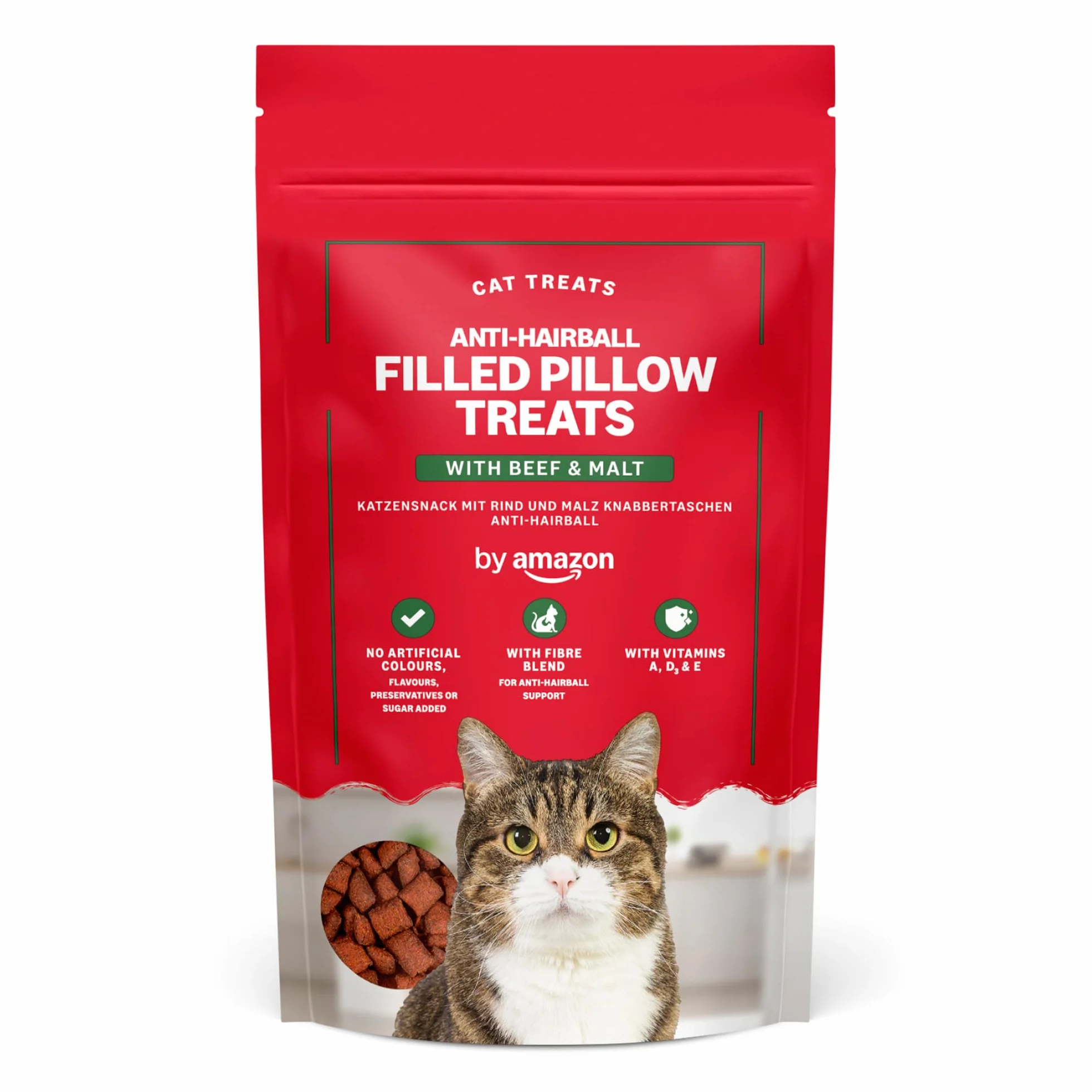 by Amazon - Chucherías para gatos - Bocados crujientes y cremosos, combaten bolas de pelo, con ternera y malta, 70 g