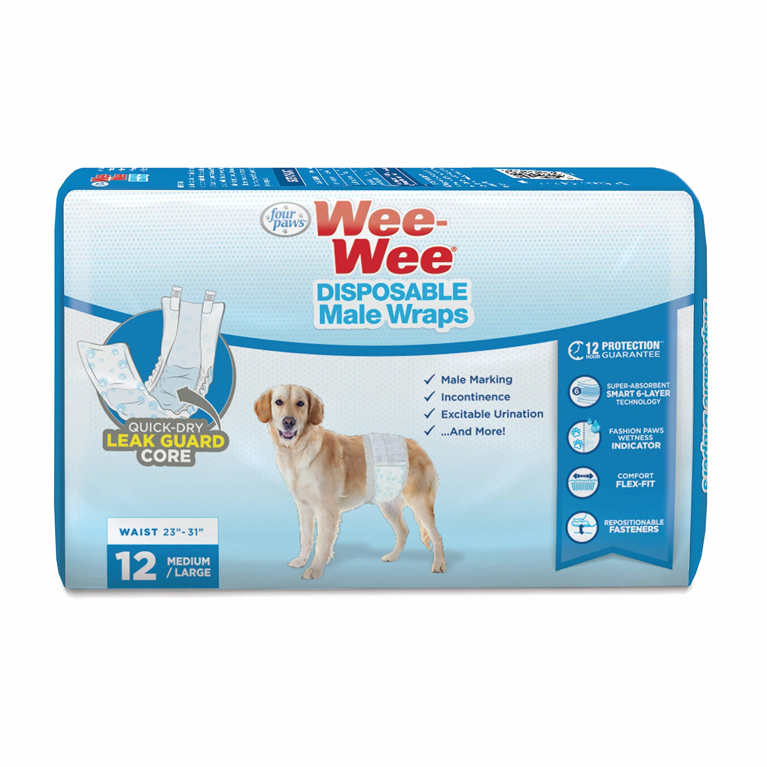 Four Paws Wee-Wee - Envolturas Desechables para Perros machos medianos/Grandes (12 Unidades)