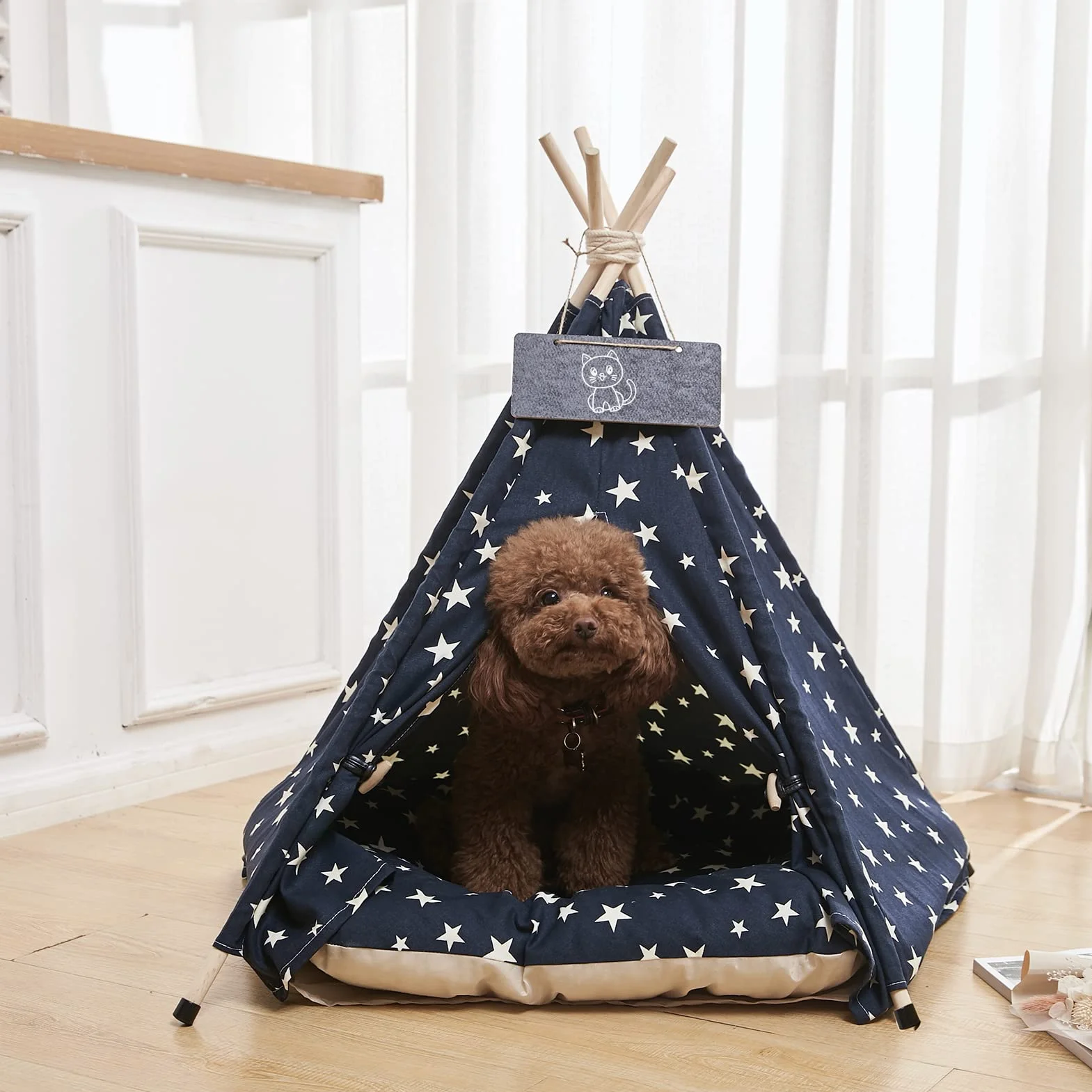 Tienda de Campaña Teepee-61cm Portátil Interior Perro Teepee Cama con Cojín Grueso, Lavable Azul Marino Estrellas Patrón Teepee Tienda Casa para Cachorro y Gato