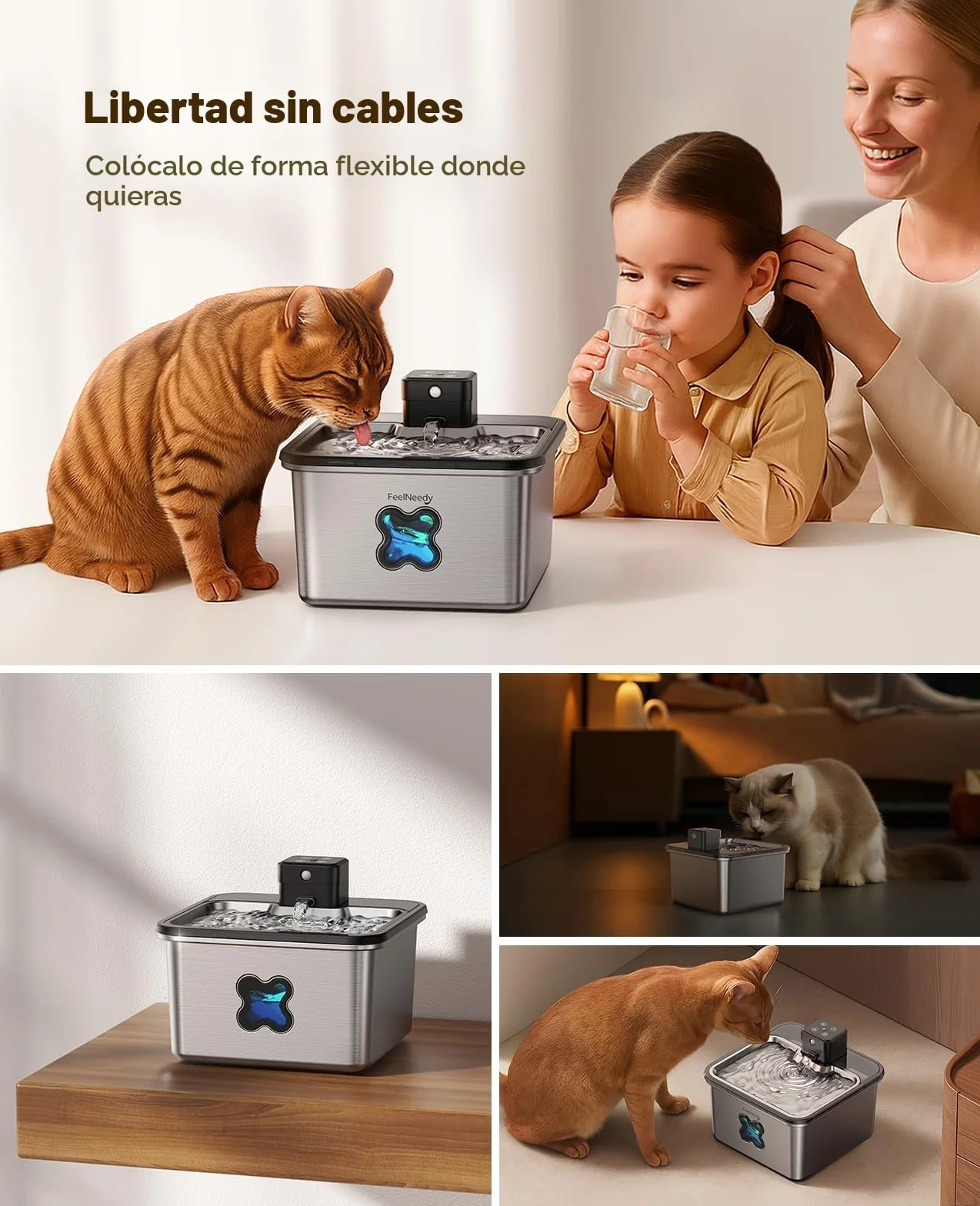 FEELNEEDY Fuente para Gatos sin Cable, 3.2L Bebedero Gatos en Acero Inoxidable con Sensor de Movimiento, Visualización del Filtro, Apta para Lavavajillas, 4000mAh Batería Recargable