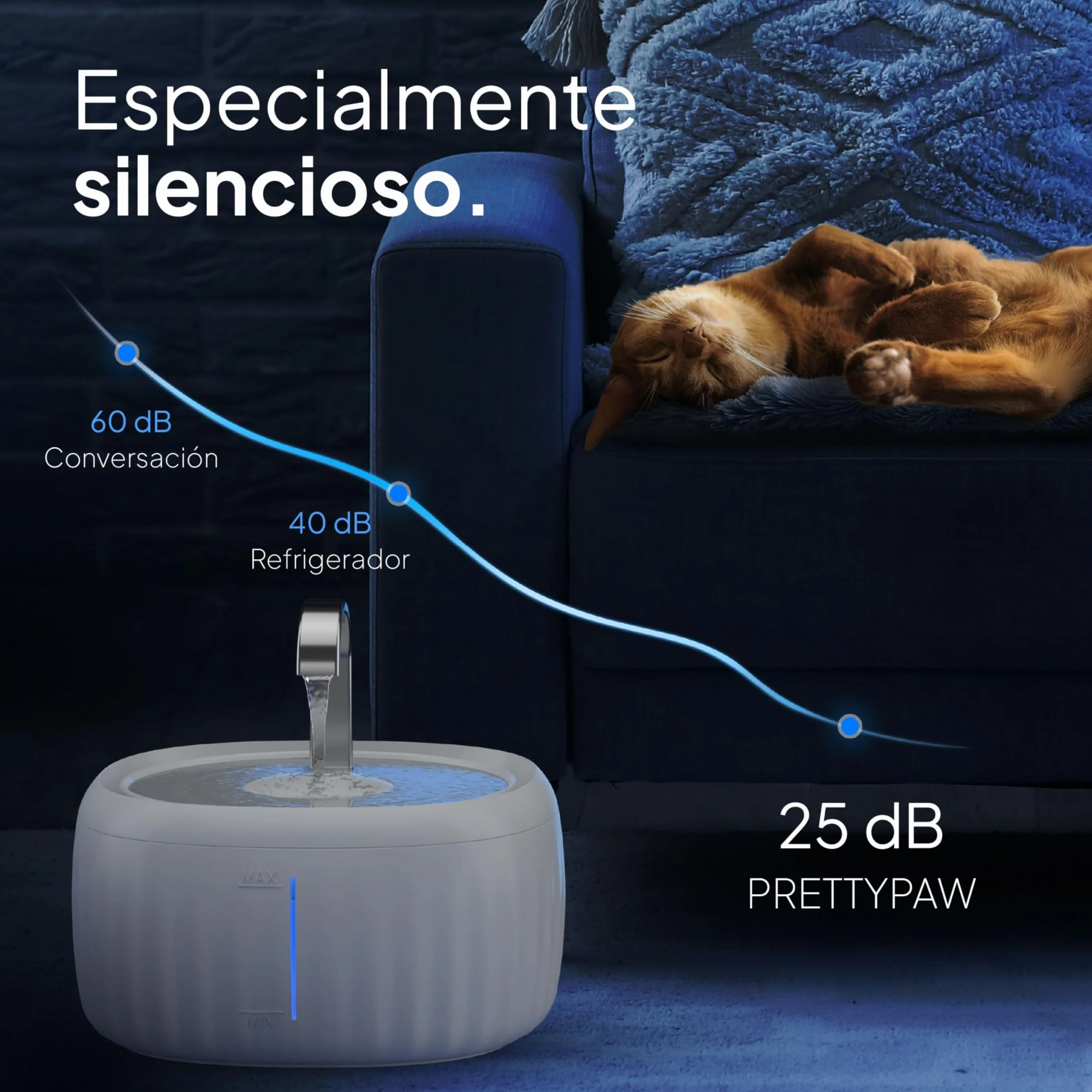 Pretty Paw Fuente de Agua para Gatos 3L con Indicador LED MIN/MAX - Funcionamiento Silencioso y Fácil Limpieza, Bebedero Automático con Filtro para Interior - Aquaflow (Blanco)