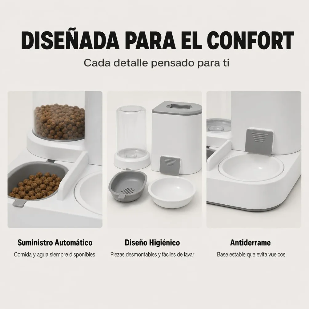 Comedero y Bebedero automático 2 en 1 para Gatos y Perros – Dispensador de Comida 2,2 L y Agua 1 L, diseño Compacto, Materiales Resistentes, Color Gris – Uso Diario en Interiores