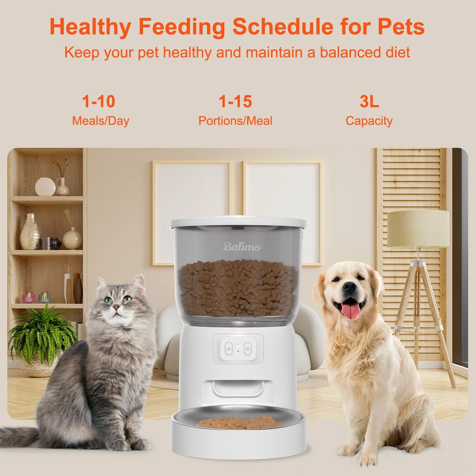 Balimo Comedero Gato Automatico 2.4G WiFi, 3L Dispensador Comida Gatos y Perros con Control de la Aplicación, 10 Comidas por Día, Cuenco de Acero Inoxidable, Blanco