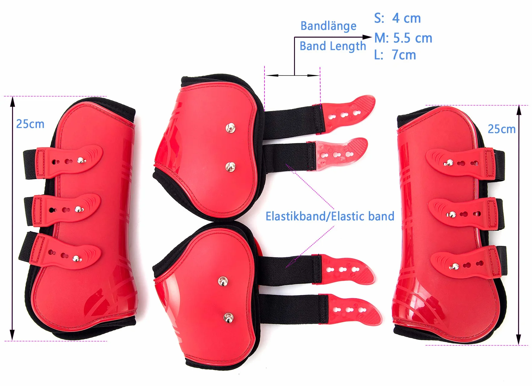 Juego de 4 Polainas para Caballos, Protectores para tendones, protección contra Saltos del Caballo, Resistentes, elásticas, de Poliuretano, con Cierre de botón, 2 Pares, M(VB), Color Rojo