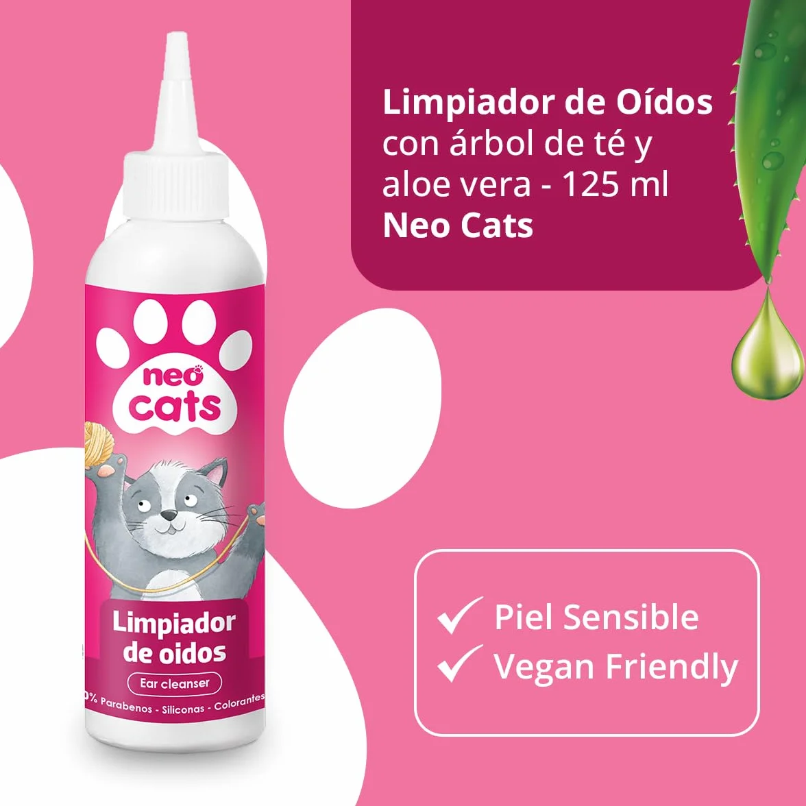 Limpiador de Oídos para Gatos con Árbol de Té y Aloe Vera - Previene Otitis, Ácaros y Reduce el Mal Olor - Fórmula con pH Adaptado y Extracto Natural - 125 ml