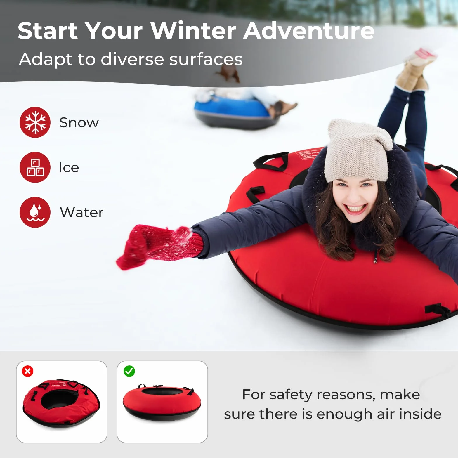 GOPLUS Trineo inflable 100 cm neumáticos de nieve con correa asiento acolchado tubo de nieve tela oxford 200 kg antideslizante para niños