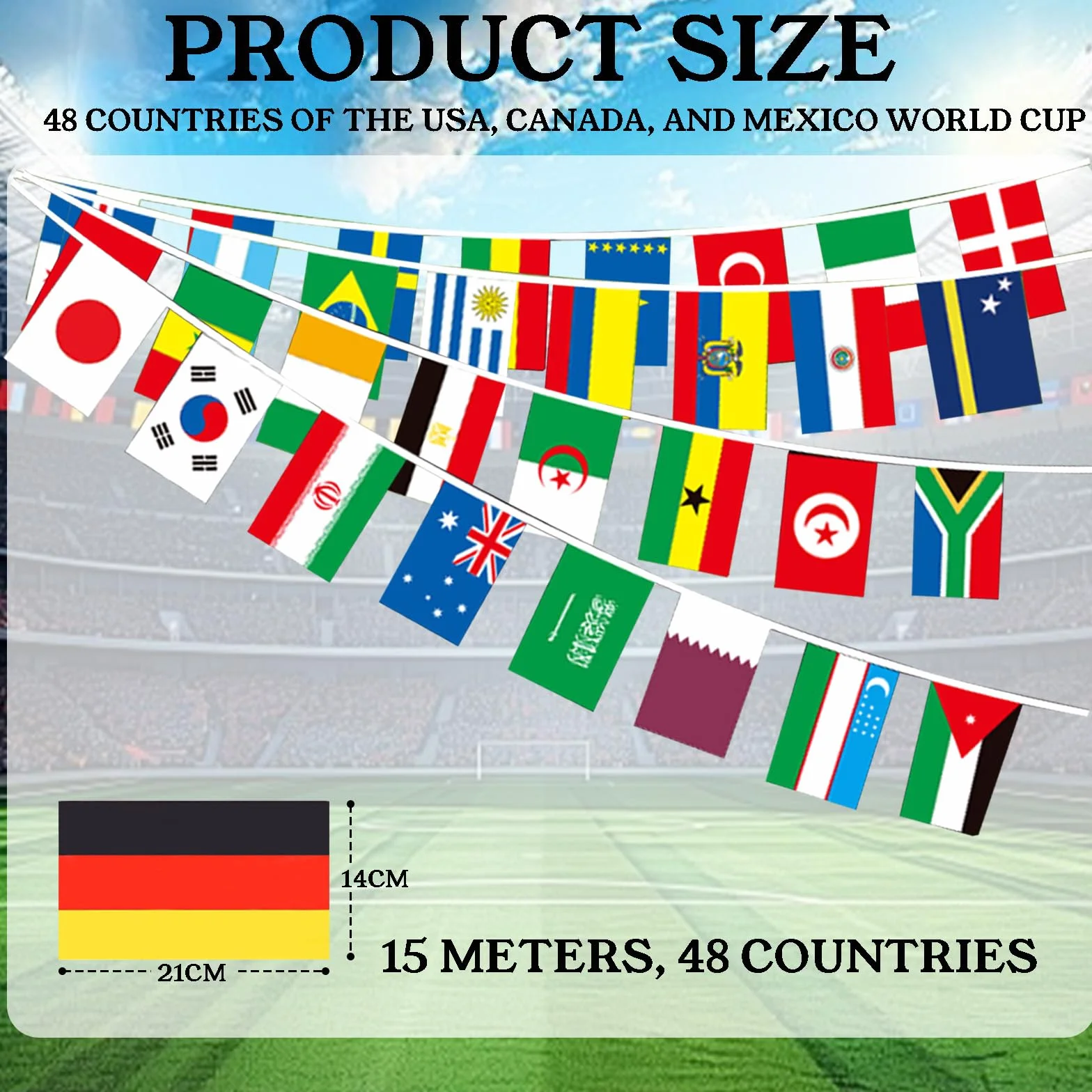 Guirnalda de Banderas del Mundial 2026 15m 48 Selecciones Decoración para Fiestas de Fútbol