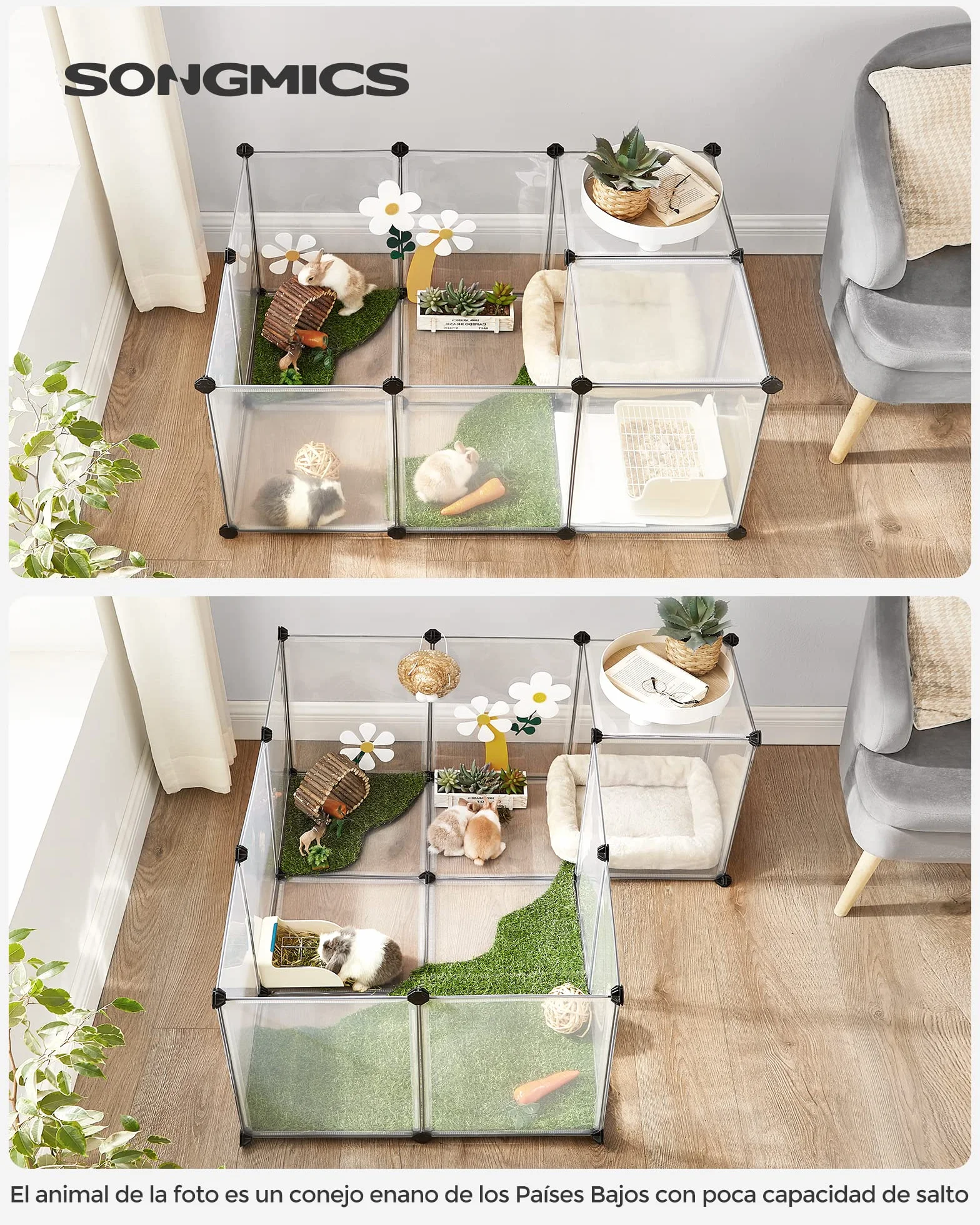 SONGMICS Valla para Mascotas, Parque para Cobayas con Suelo, Recinto Interior de Plástico Transparente para Hámsters, Conejos, Erizos, para Animales Pequeños, 143 x 73 x 46 cm, Blanco LPC02W