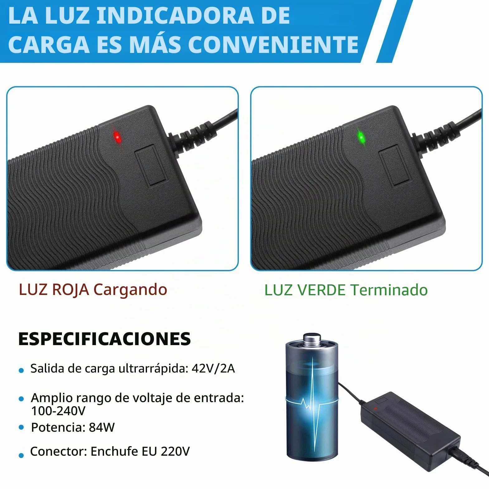 JIZZU 42V 2A Cargador Patinete Eléctrico Universal para Hoverboard, Scooters Eléctricos M365 1S